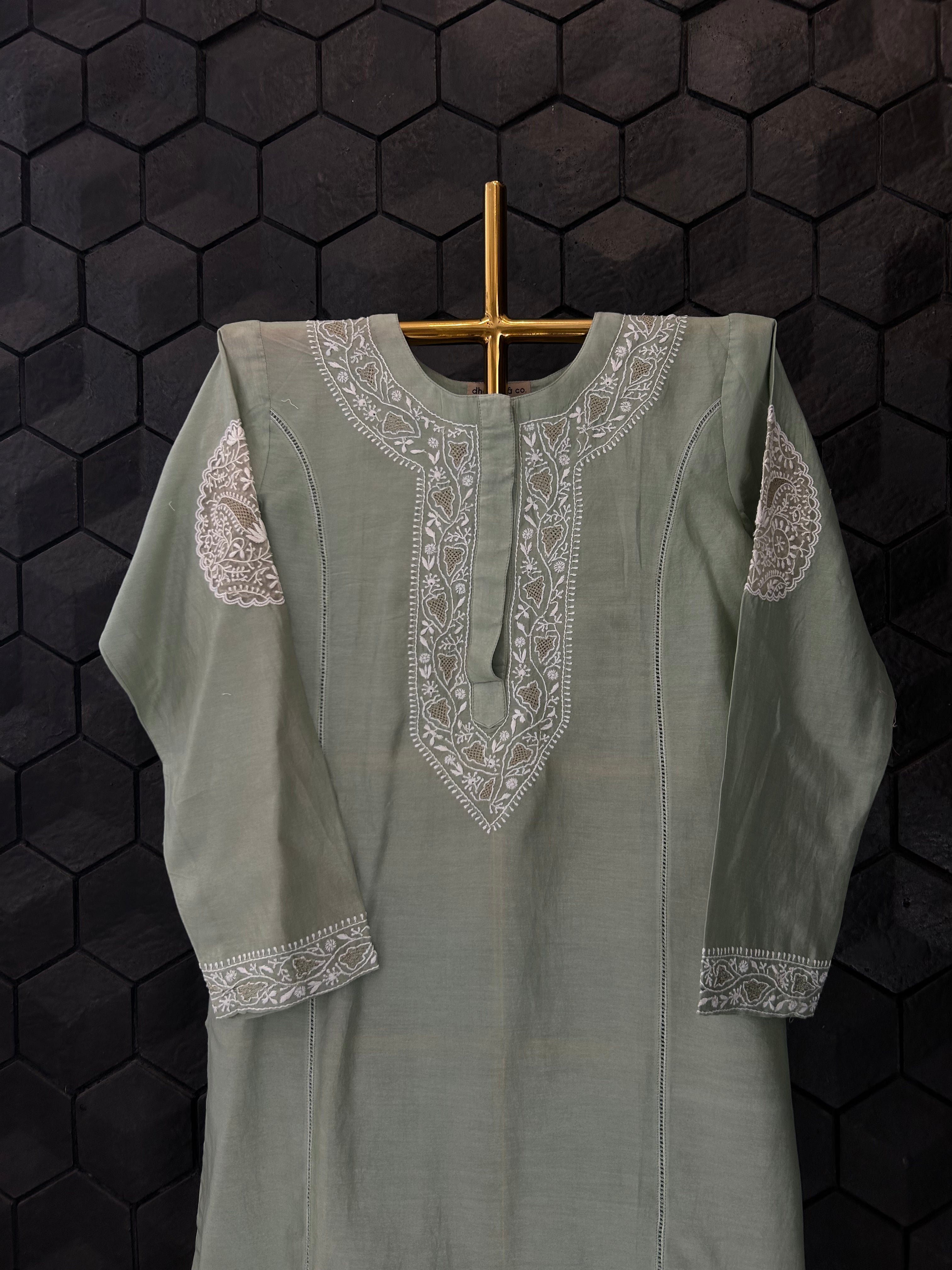 Sage Green Chanderi Chikankari Co-ord sets