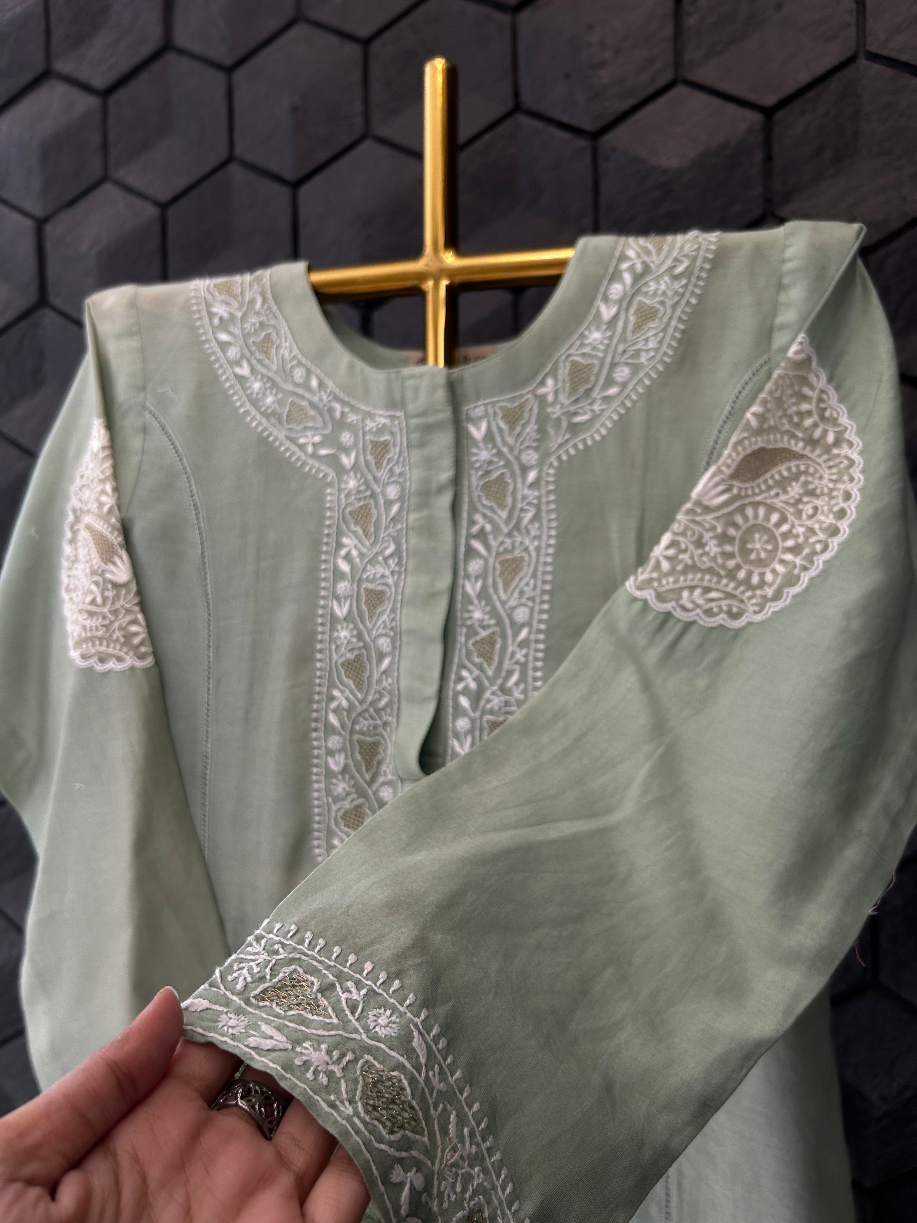 Sage Green Chanderi Chikankari Co-ord sets