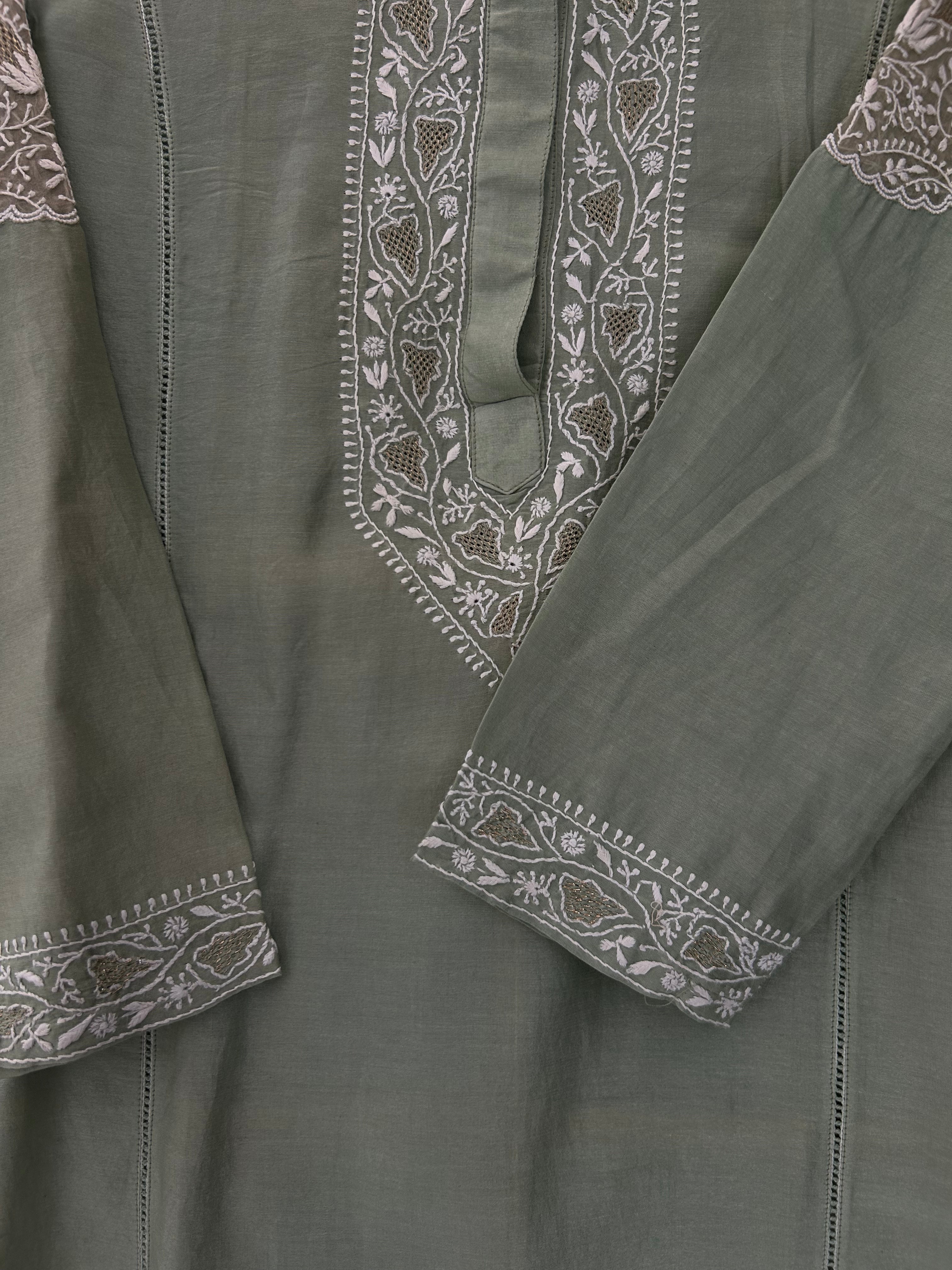 Sage Green Chanderi Chikankari Co-ord sets