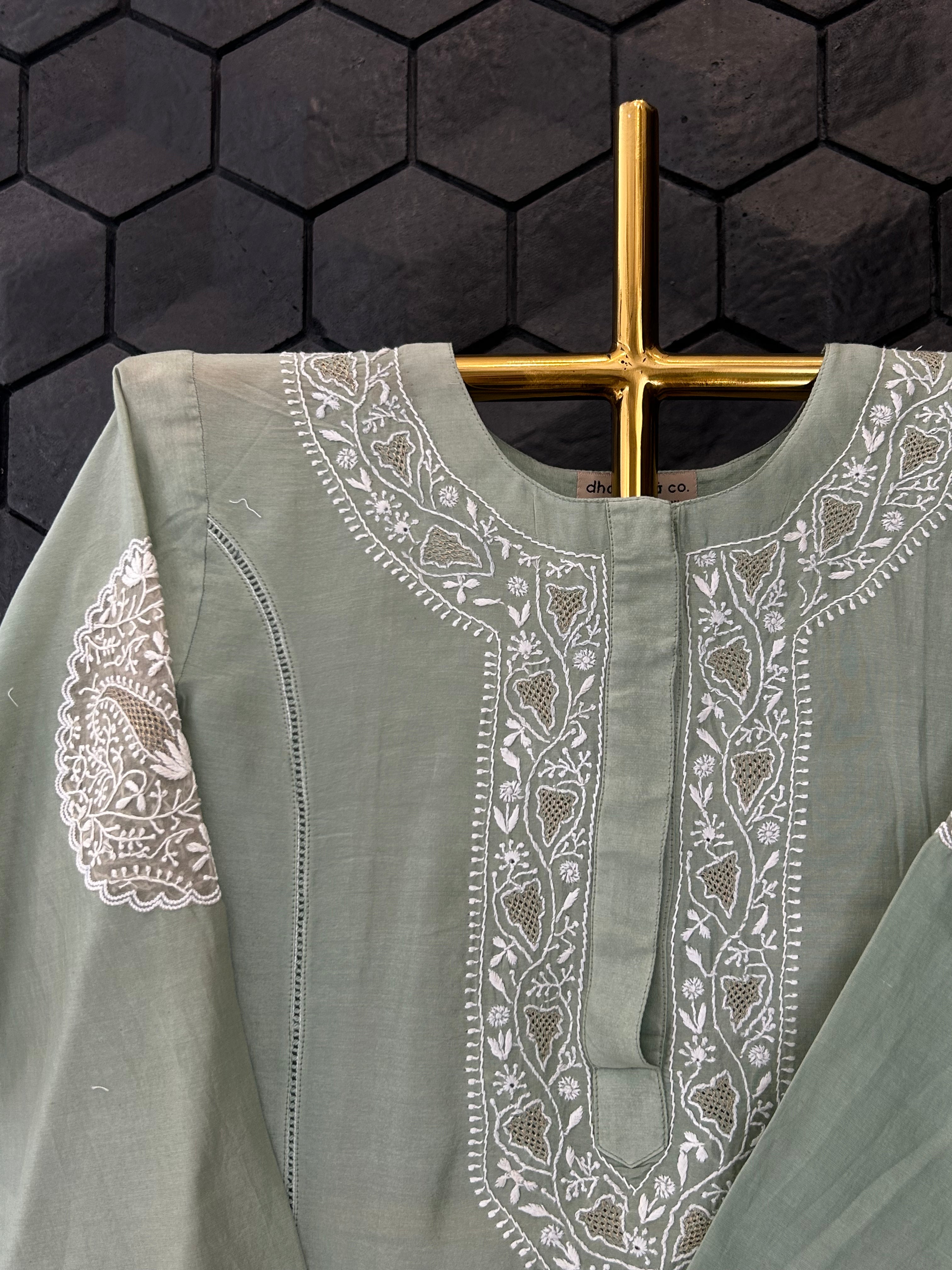 Sage Green Chanderi Chikankari Co-ord sets
