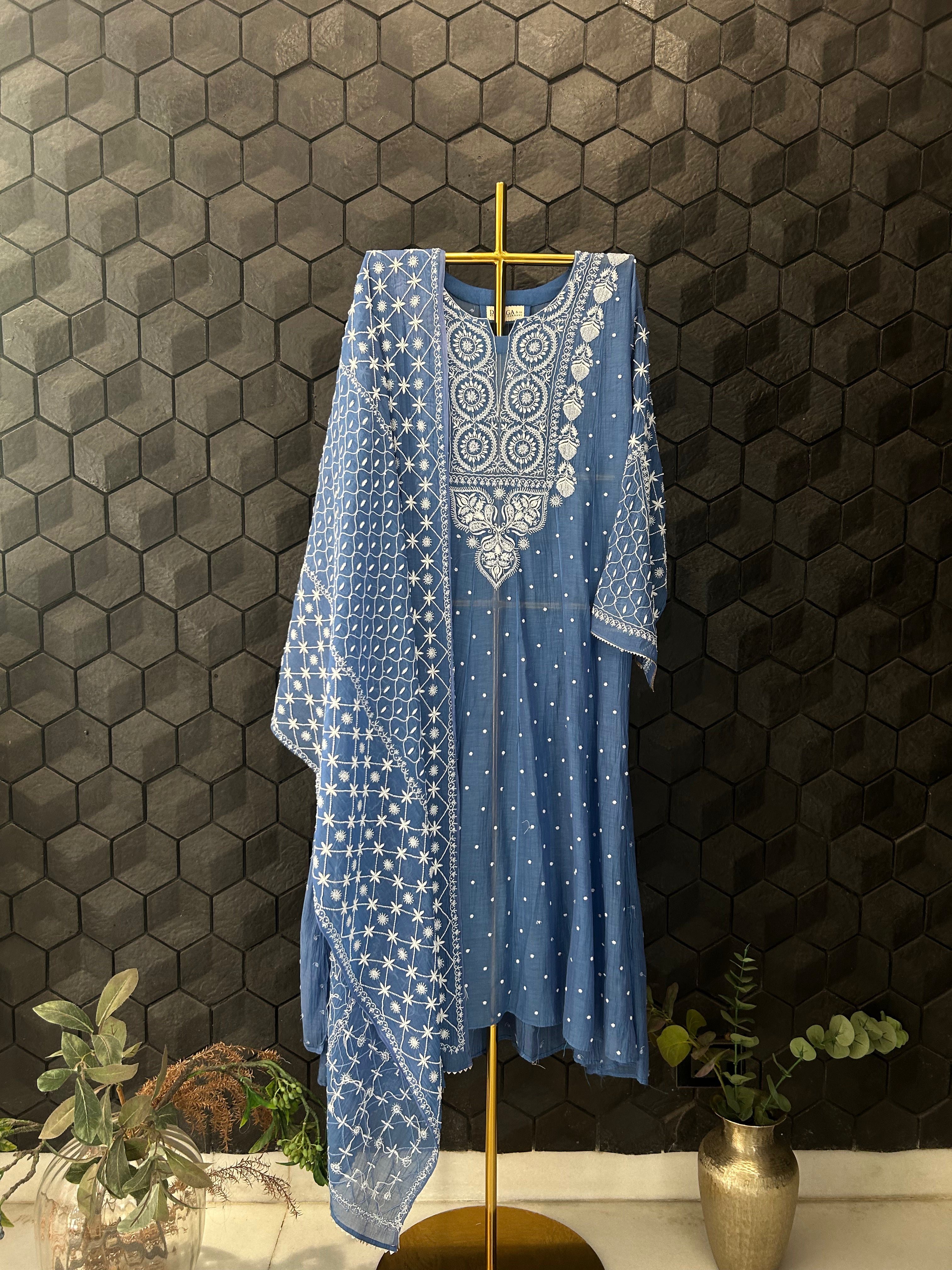 Blue Mul Chanderi Chikankari Anarkali Set