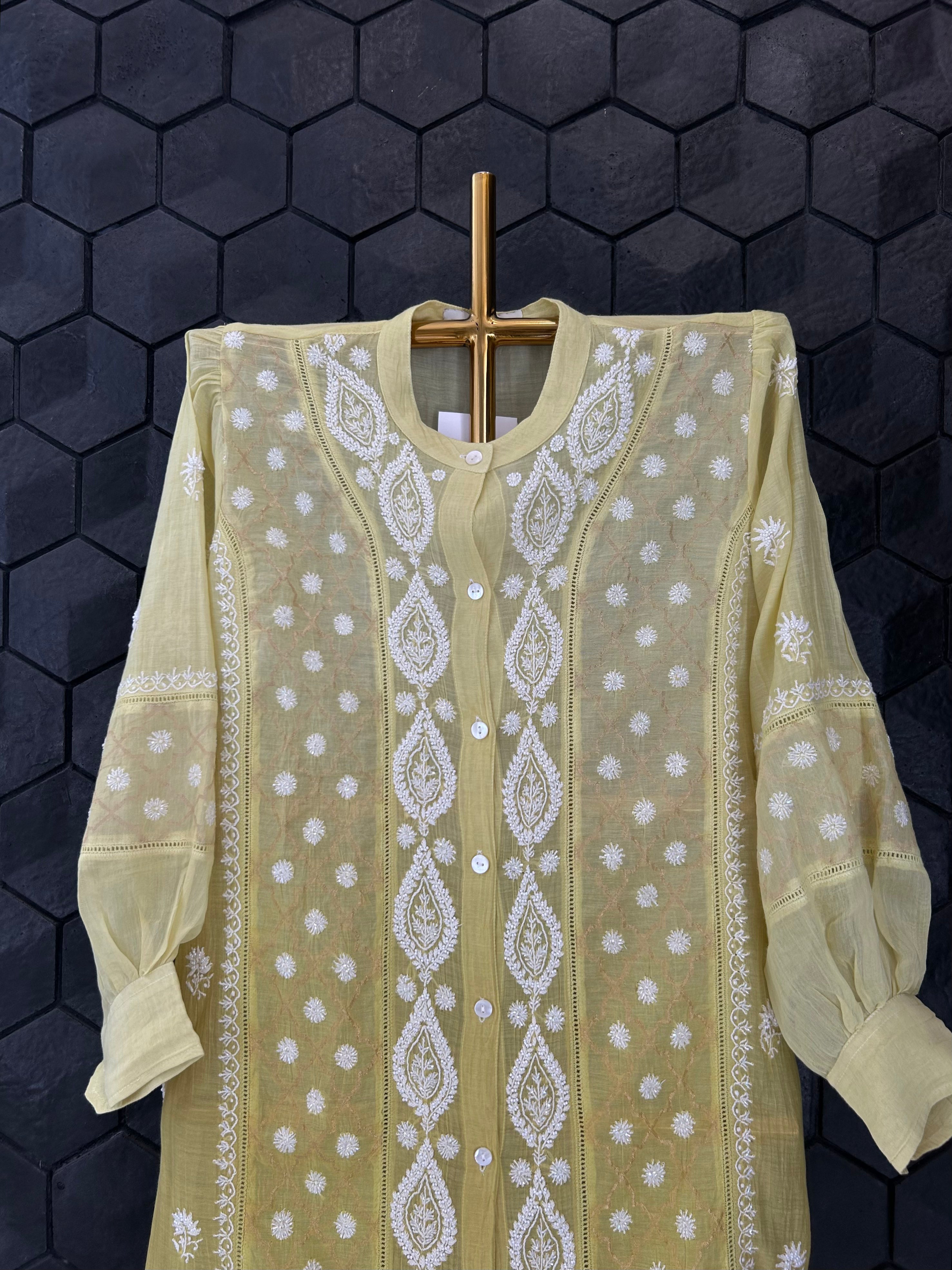 Lime Green Mul Chanderi Chikankari Co-ord sets