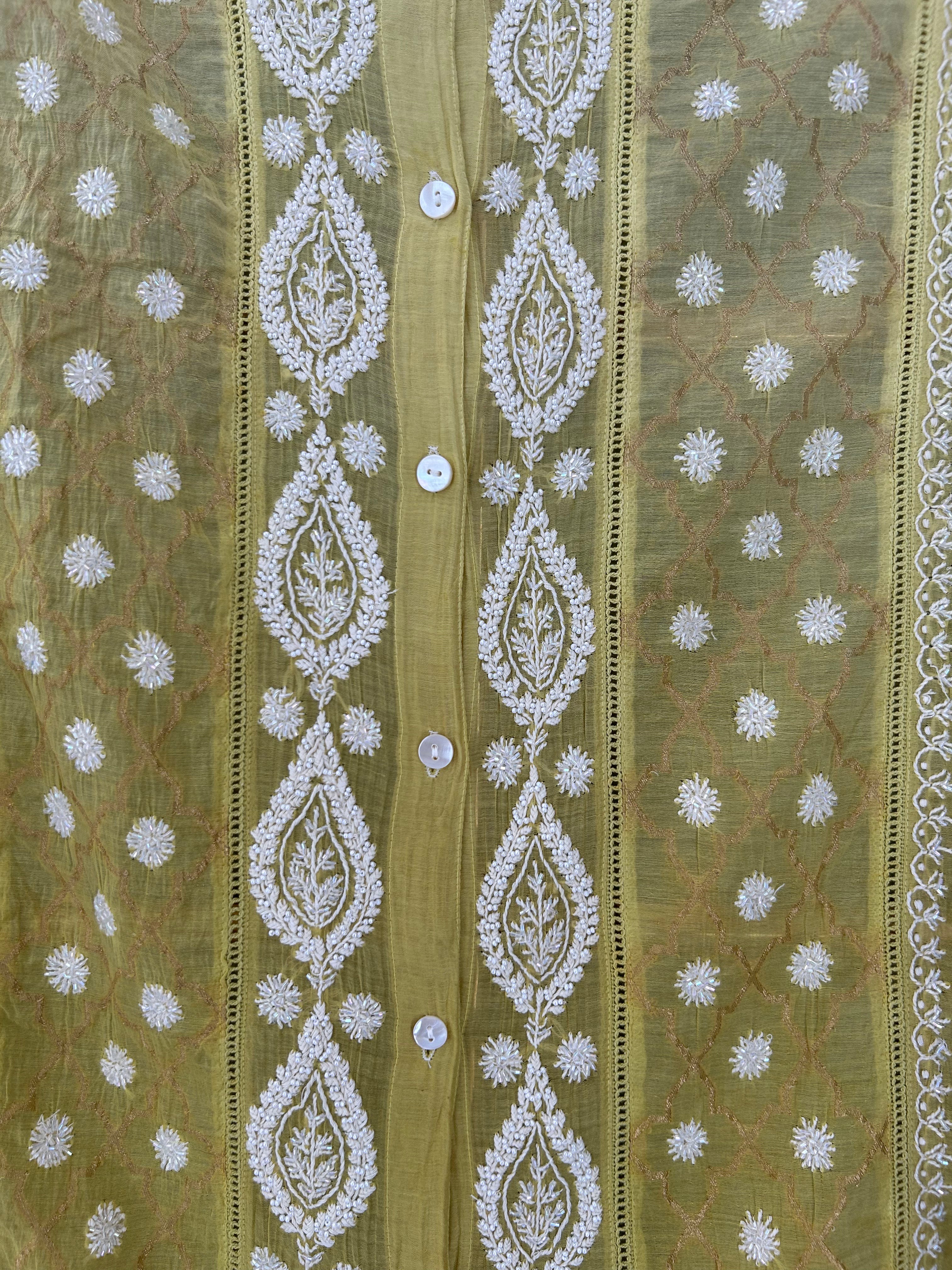 Lime Green Mul Chanderi Chikankari Co-ord sets