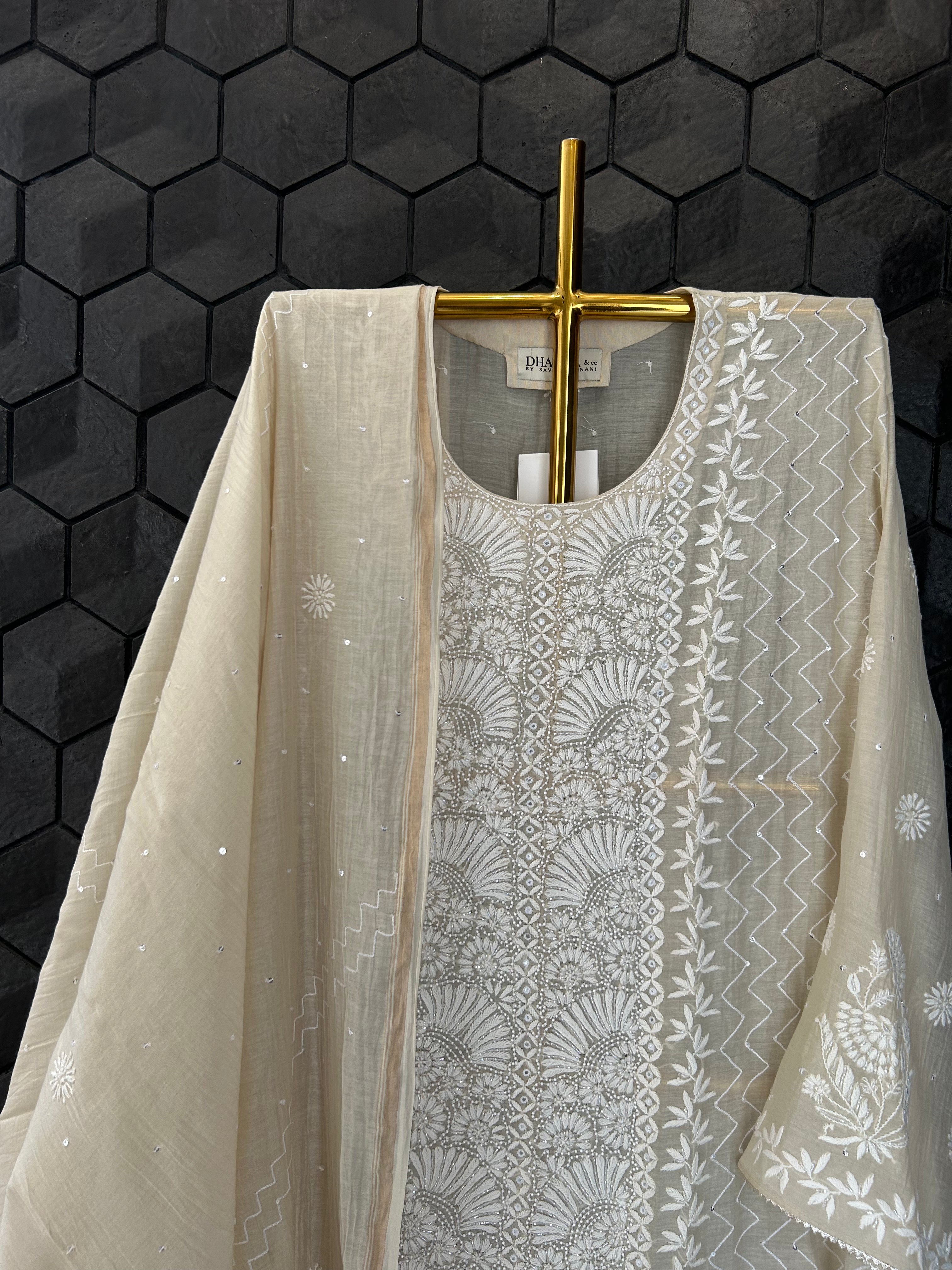 Beige Mul Chanderi Chikankari Kurta Set
