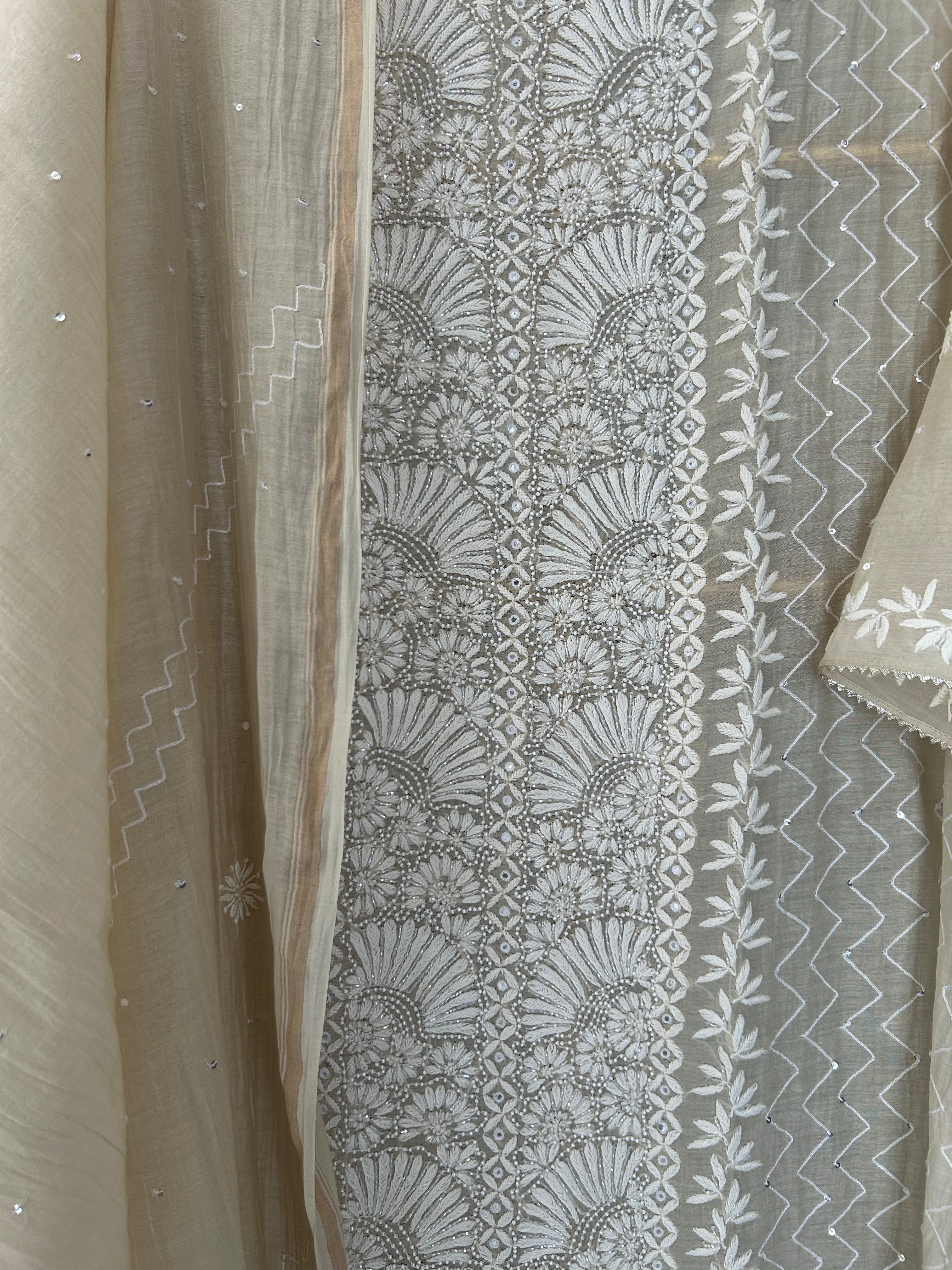 Beige Mul Chanderi Chikankari Kurta Set