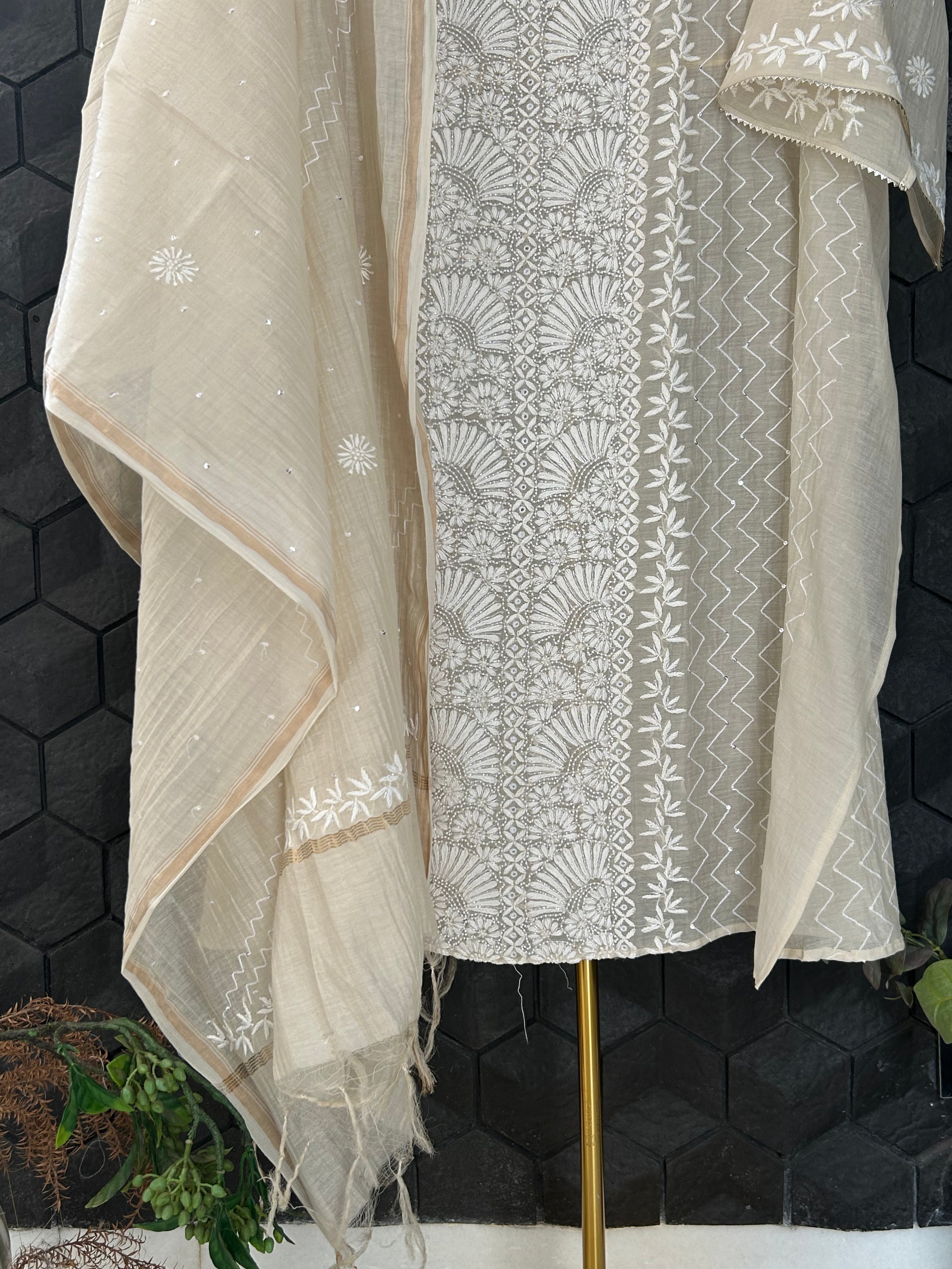 Beige Mul Chanderi Chikankari Kurta Set