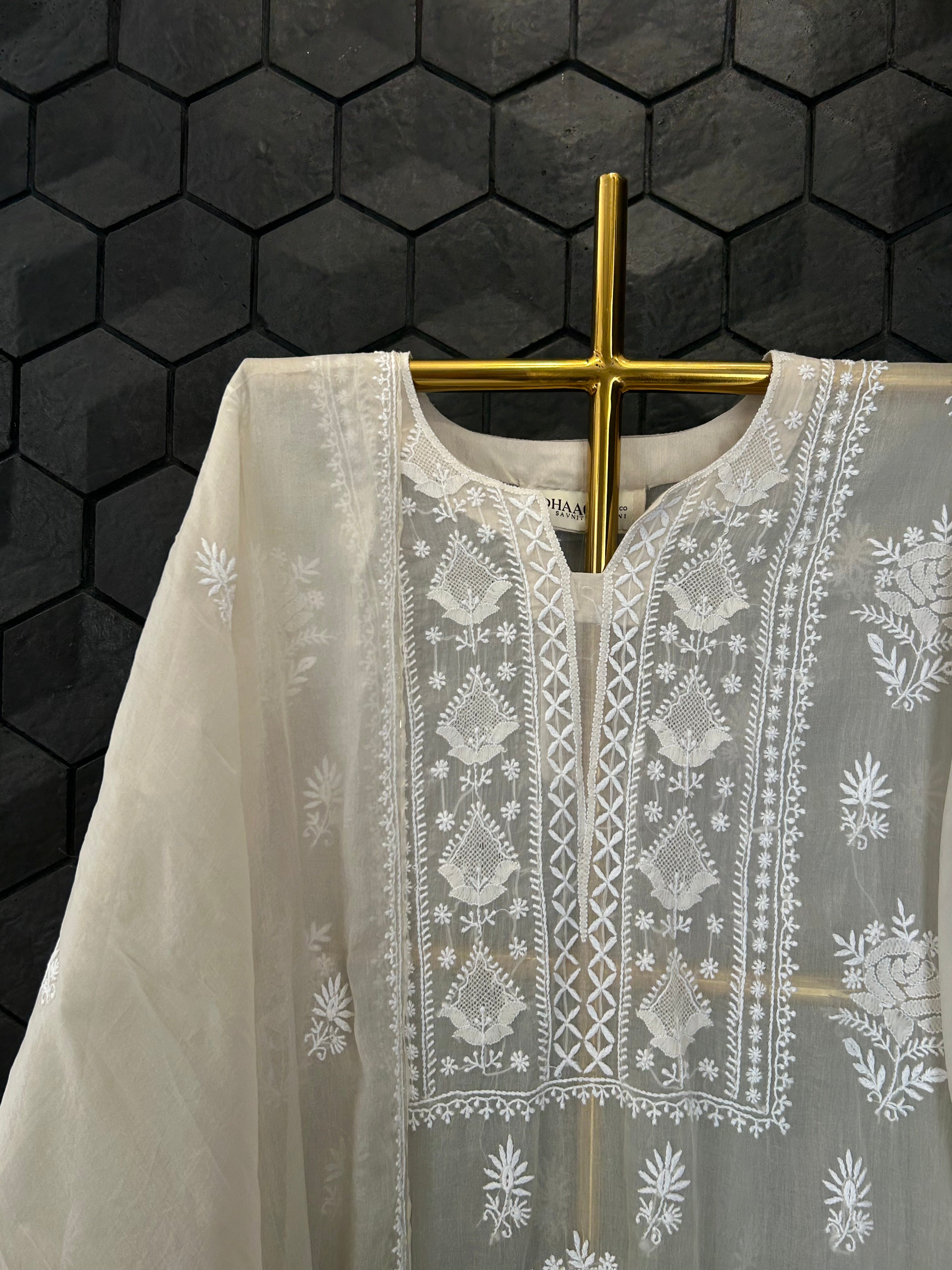 Brown Organza Chikankari kurta Set