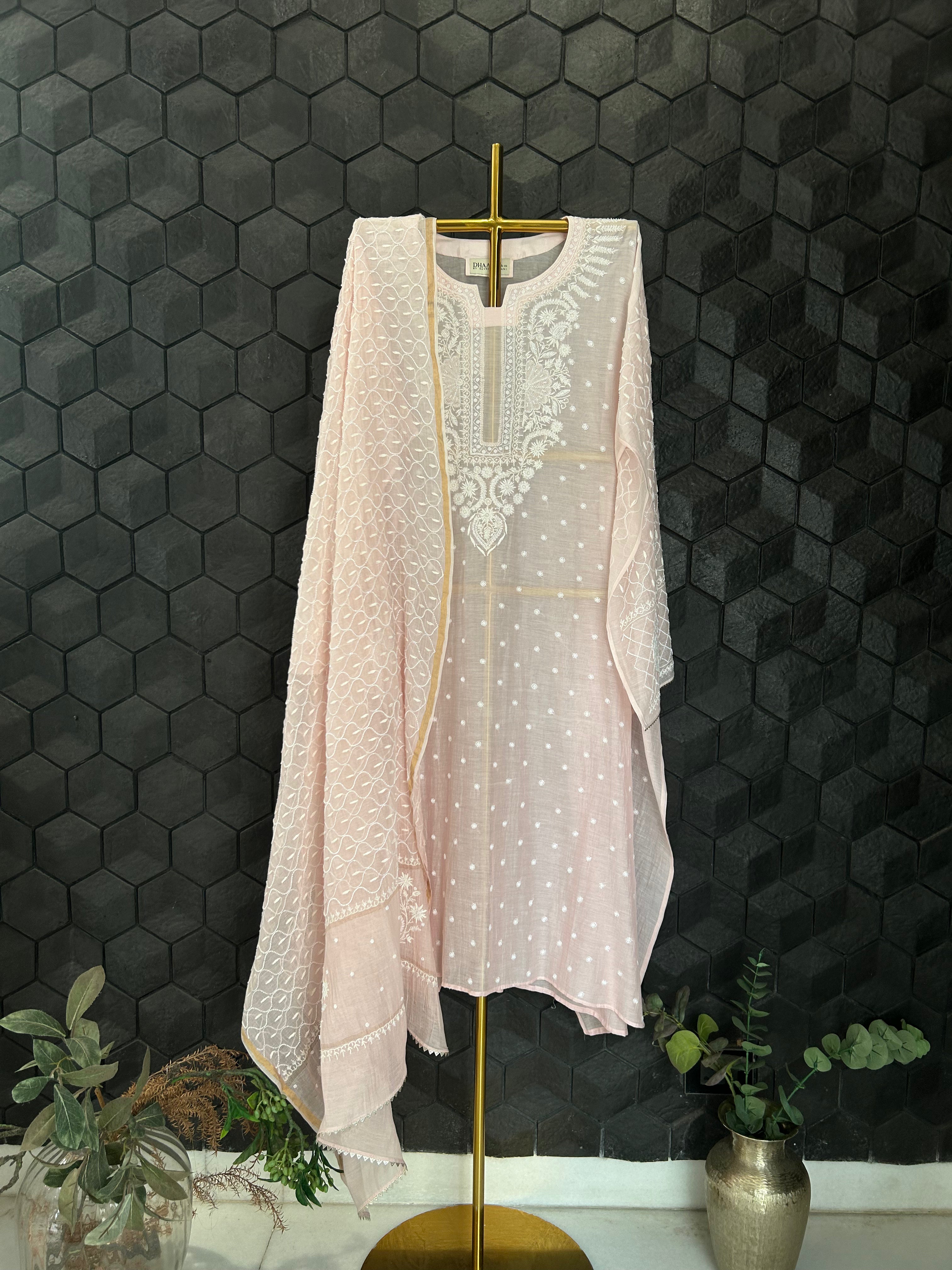 Pink Mul Chanderi Chikankari Kurta Set