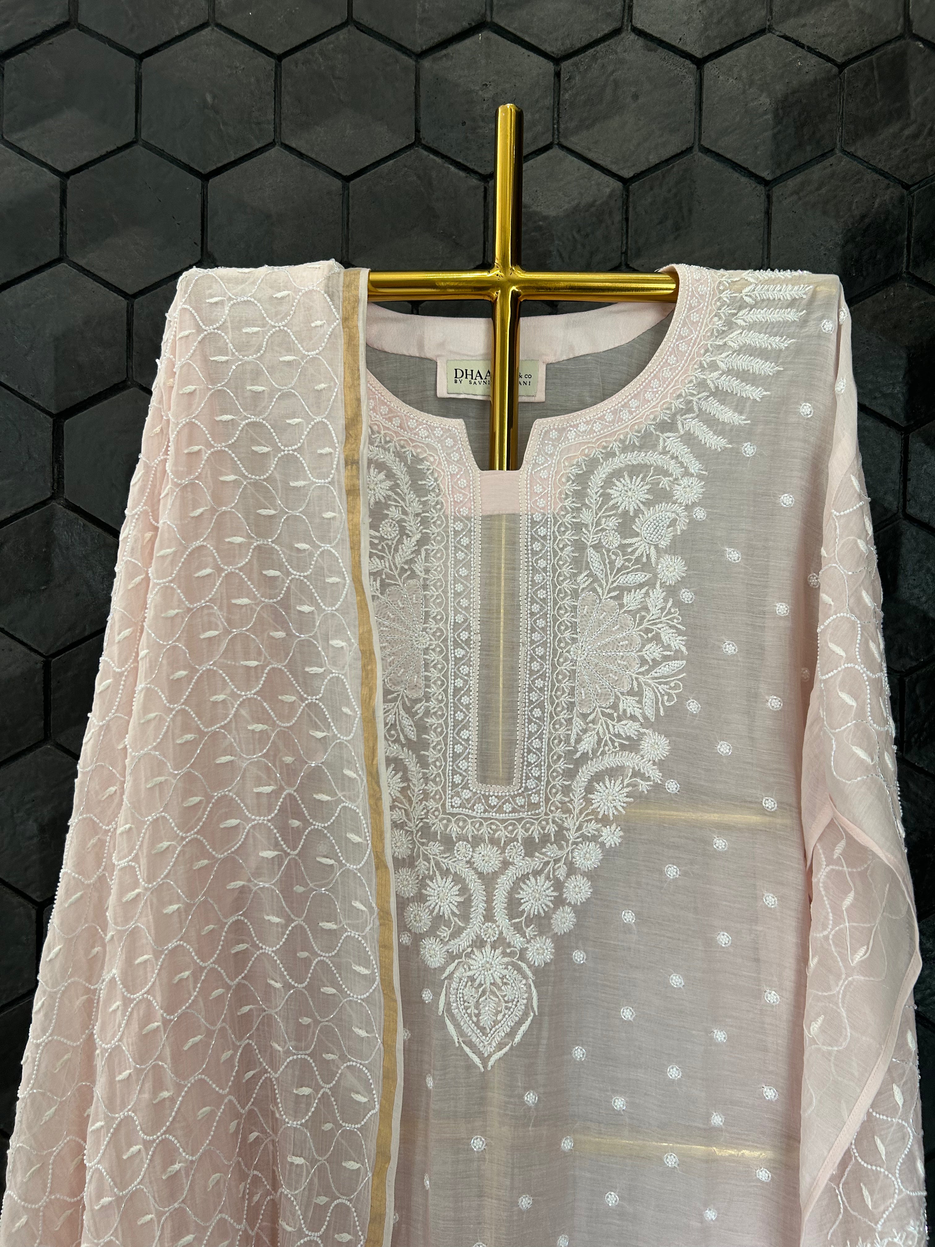 Pink Mul Chanderi Chikankari Kurta Set