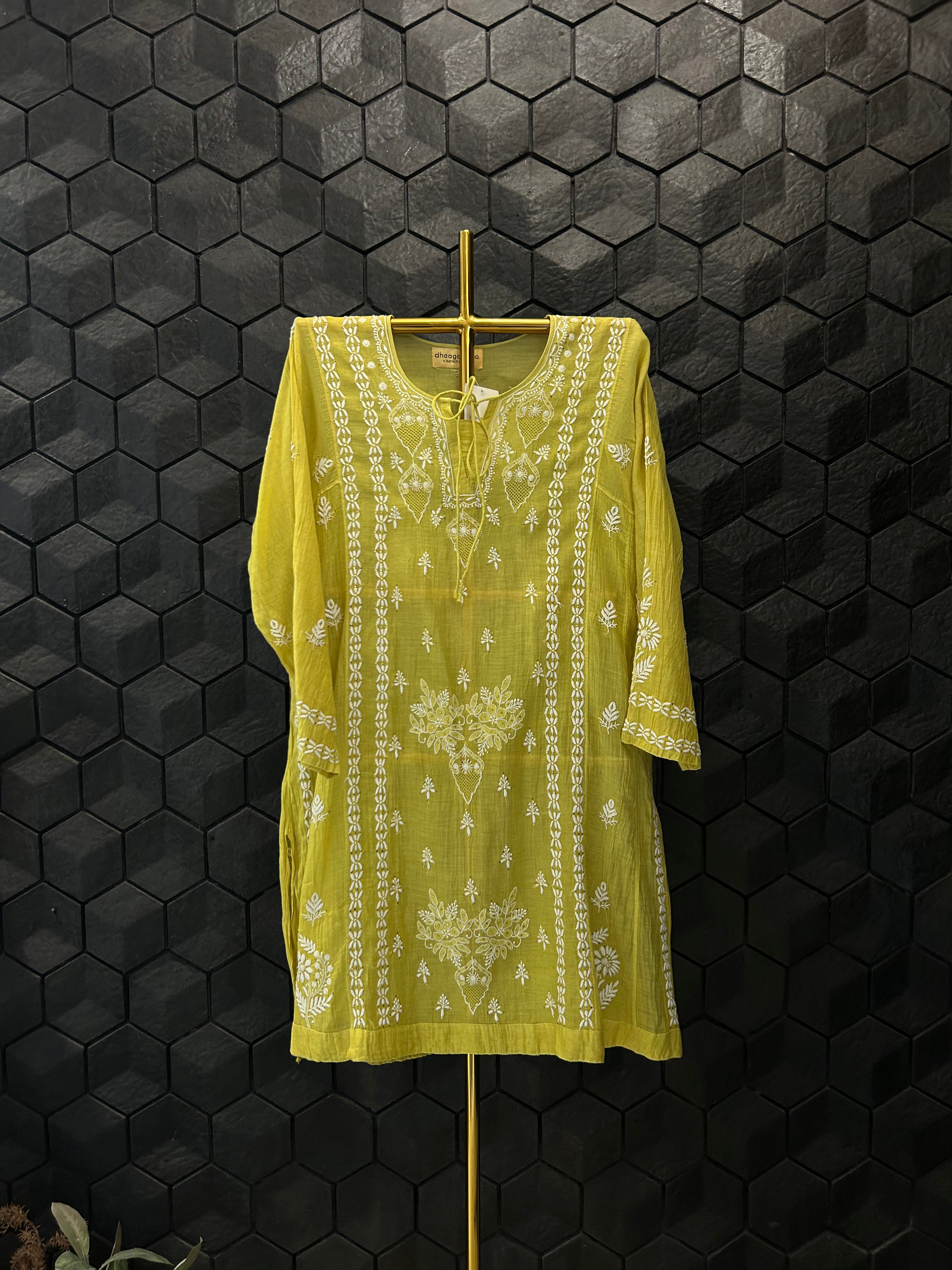 Lime green Mul Chanderi Chikankari Mukaish Co-ord sets