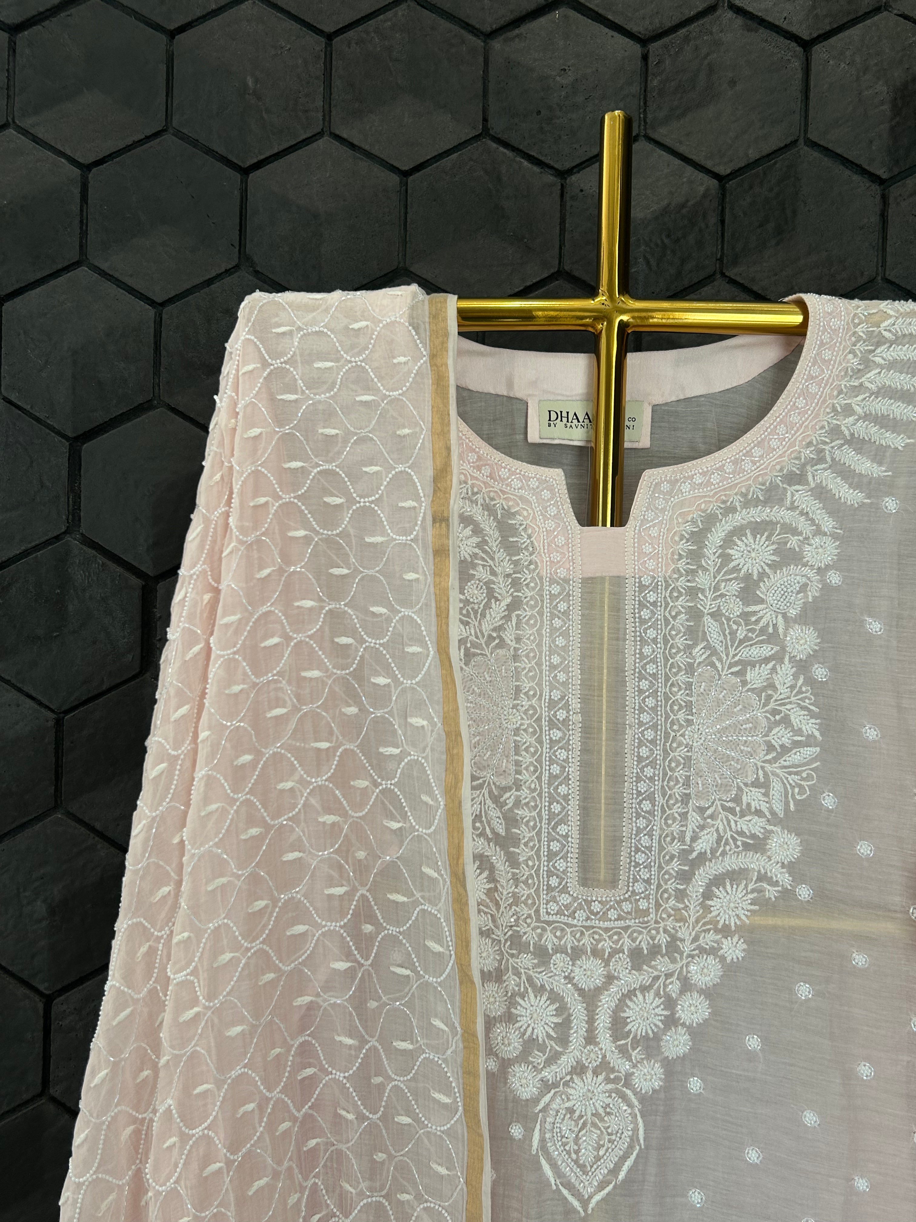 Pink Mul Chanderi Chikankari Kurta Set