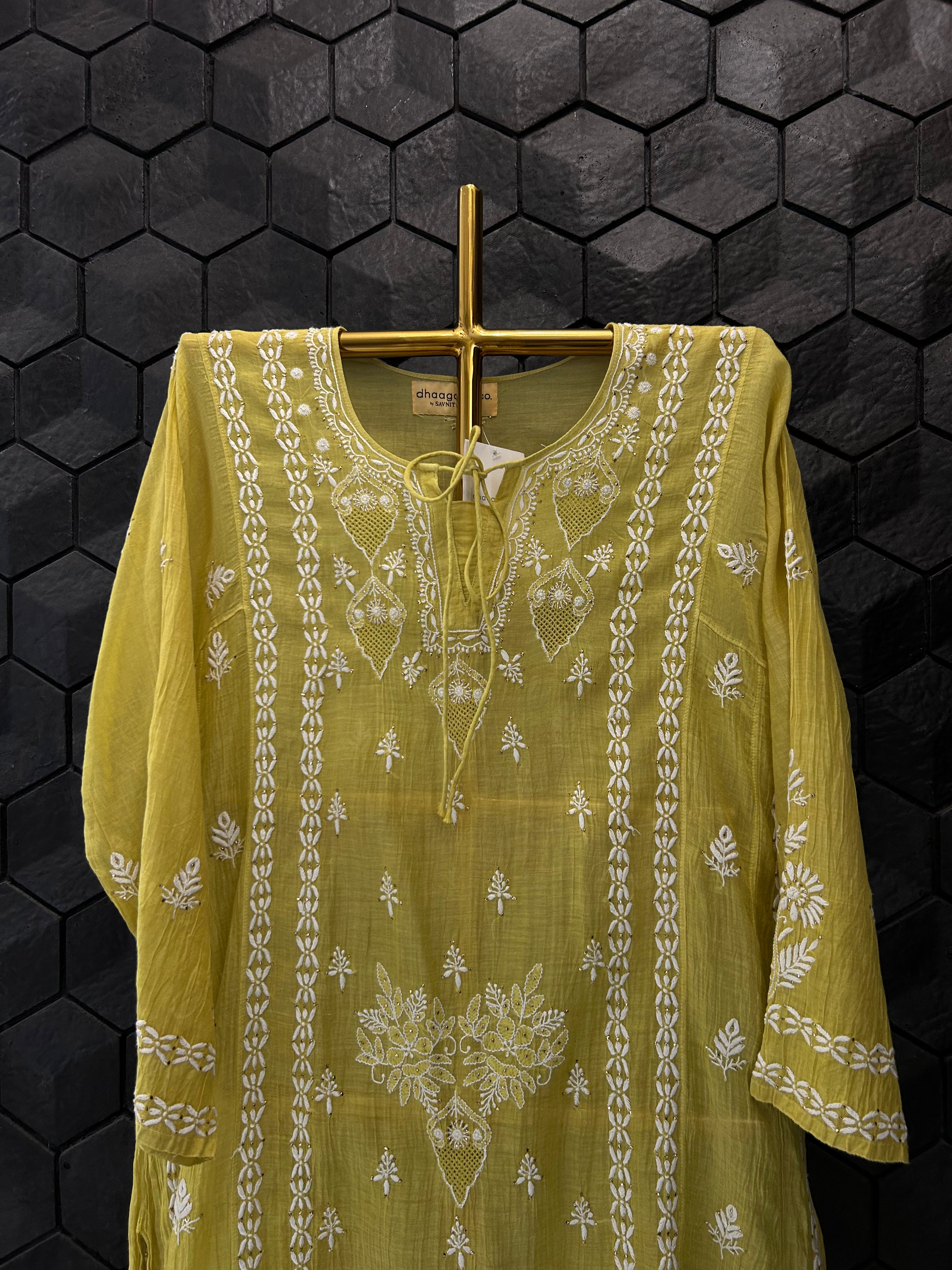 Lime green Mul Chanderi Chikankari Mukaish Co-ord sets