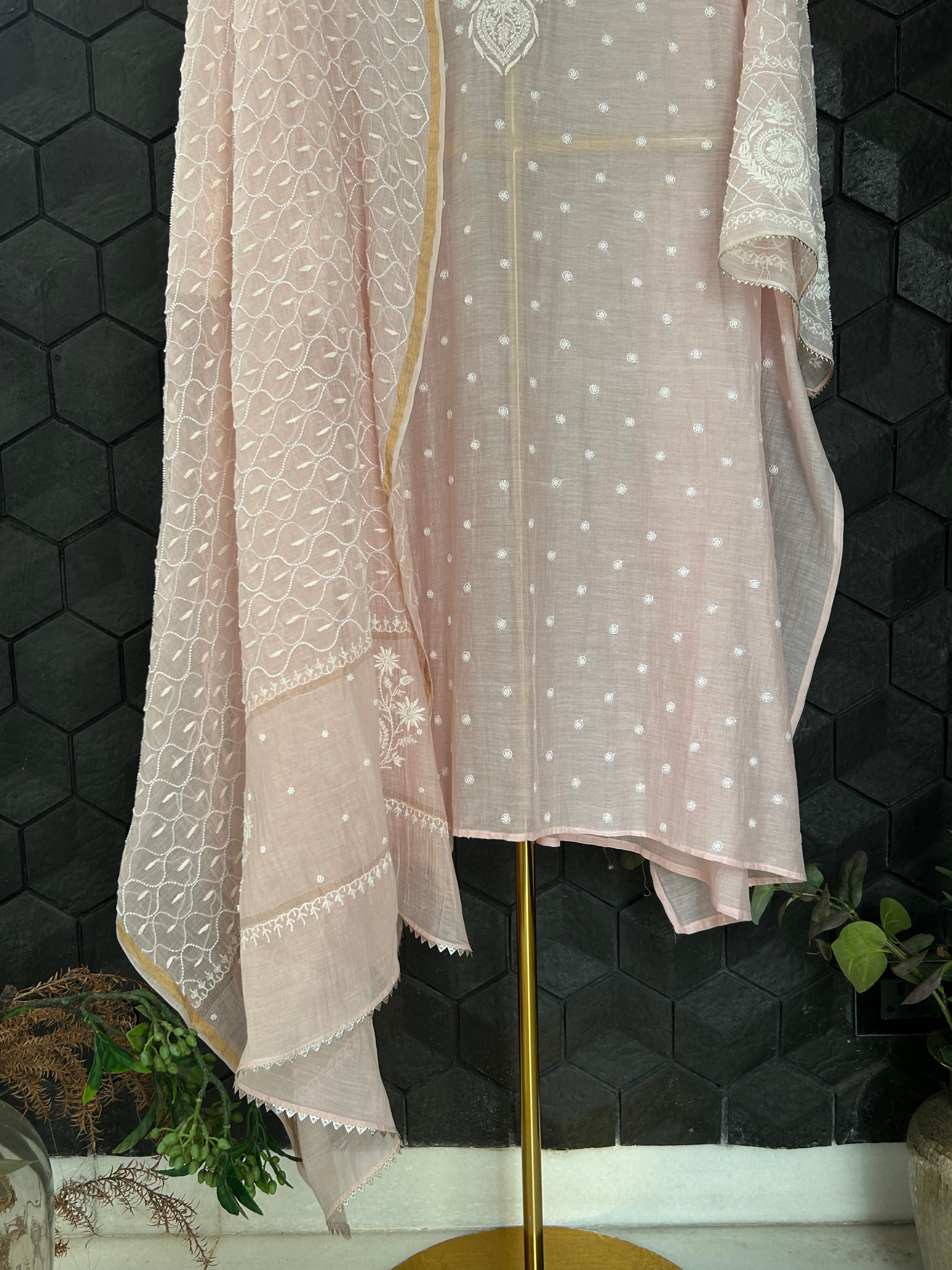 Pink Mul Chanderi Chikankari Kurta Set