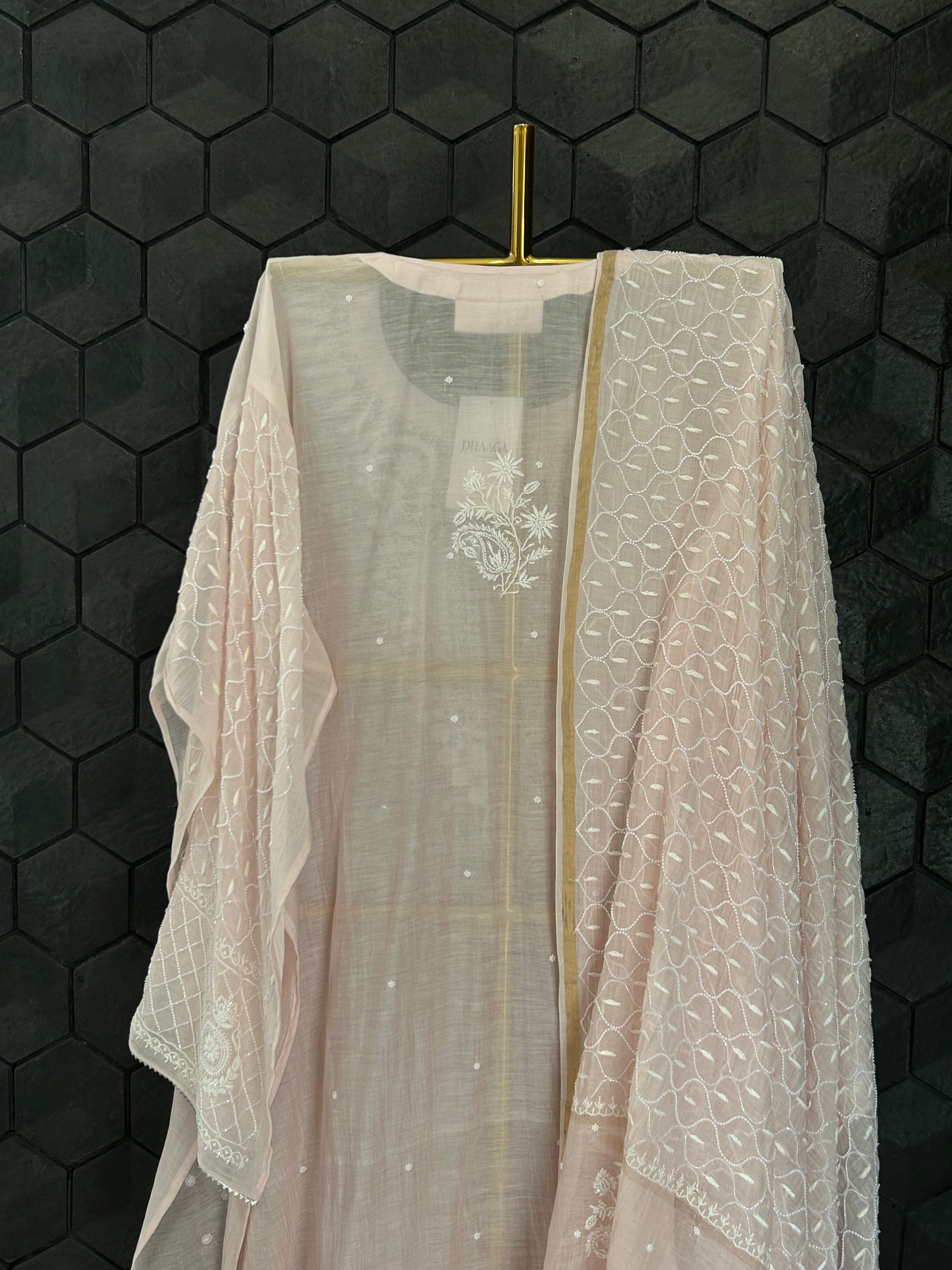 Pink Mul Chanderi Chikankari Kurta Set
