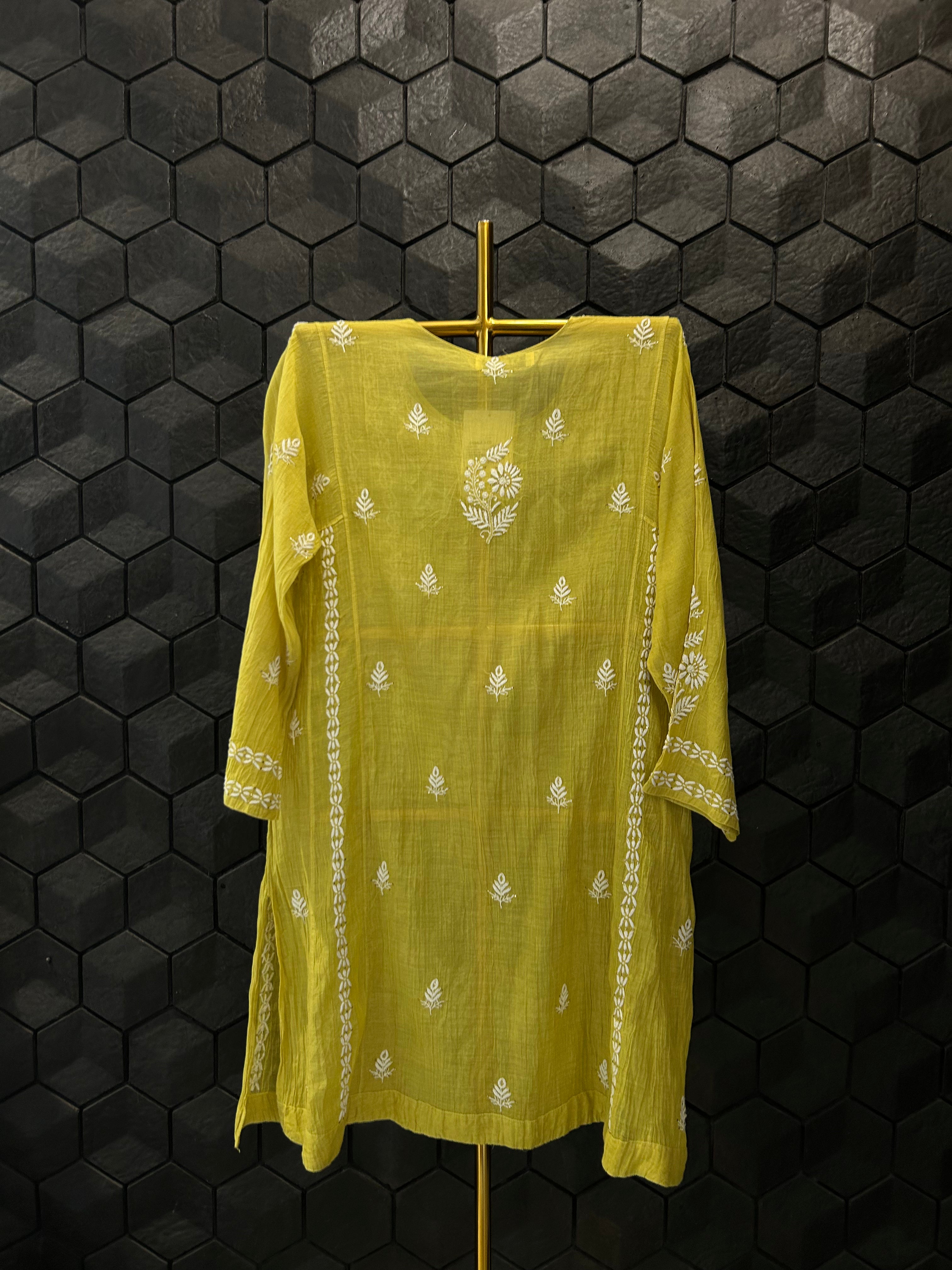 Lime green Mul Chanderi Chikankari Mukaish Co-ord sets