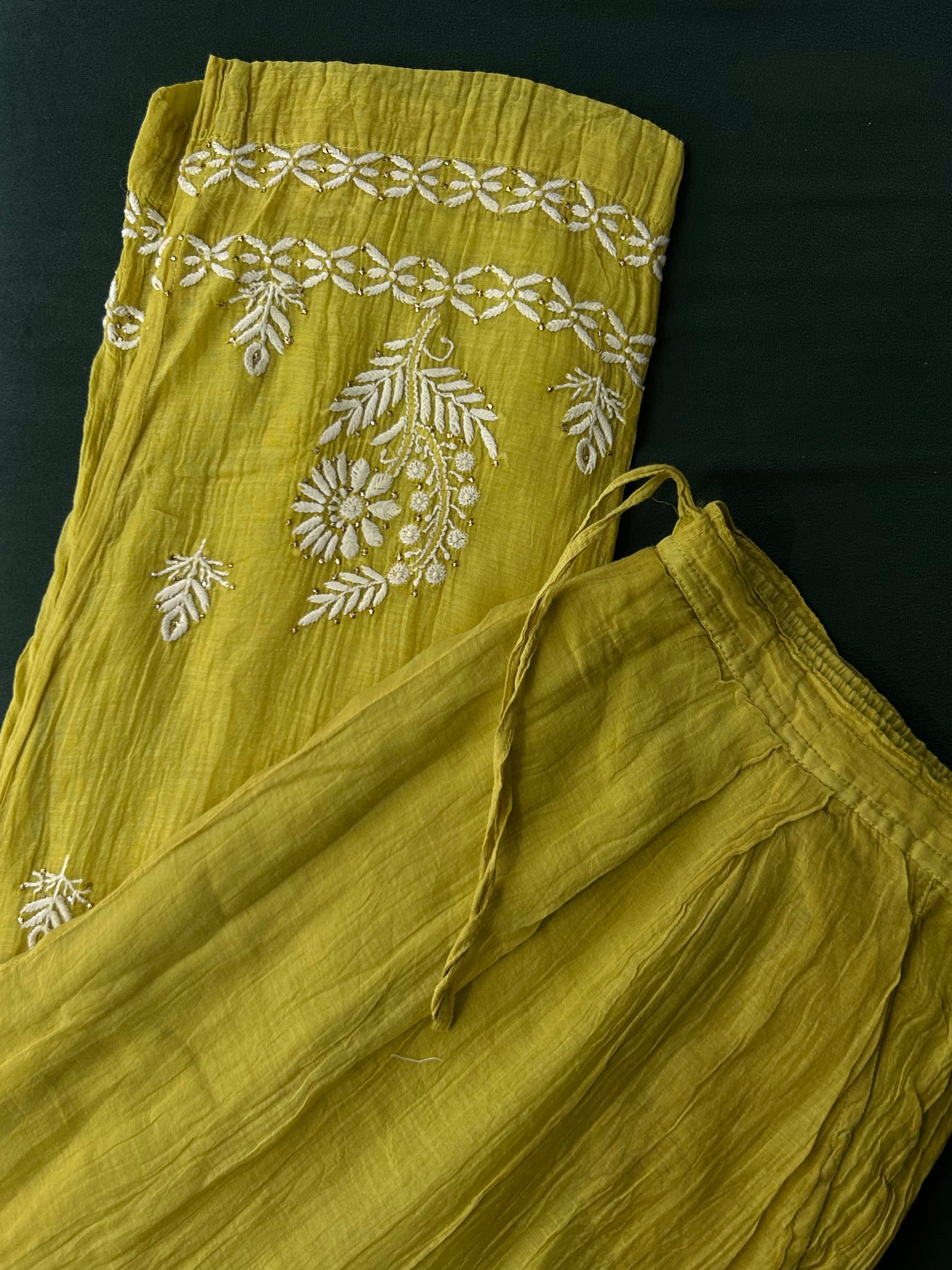 Lime green Mul Chanderi Chikankari Mukaish Co-ord sets