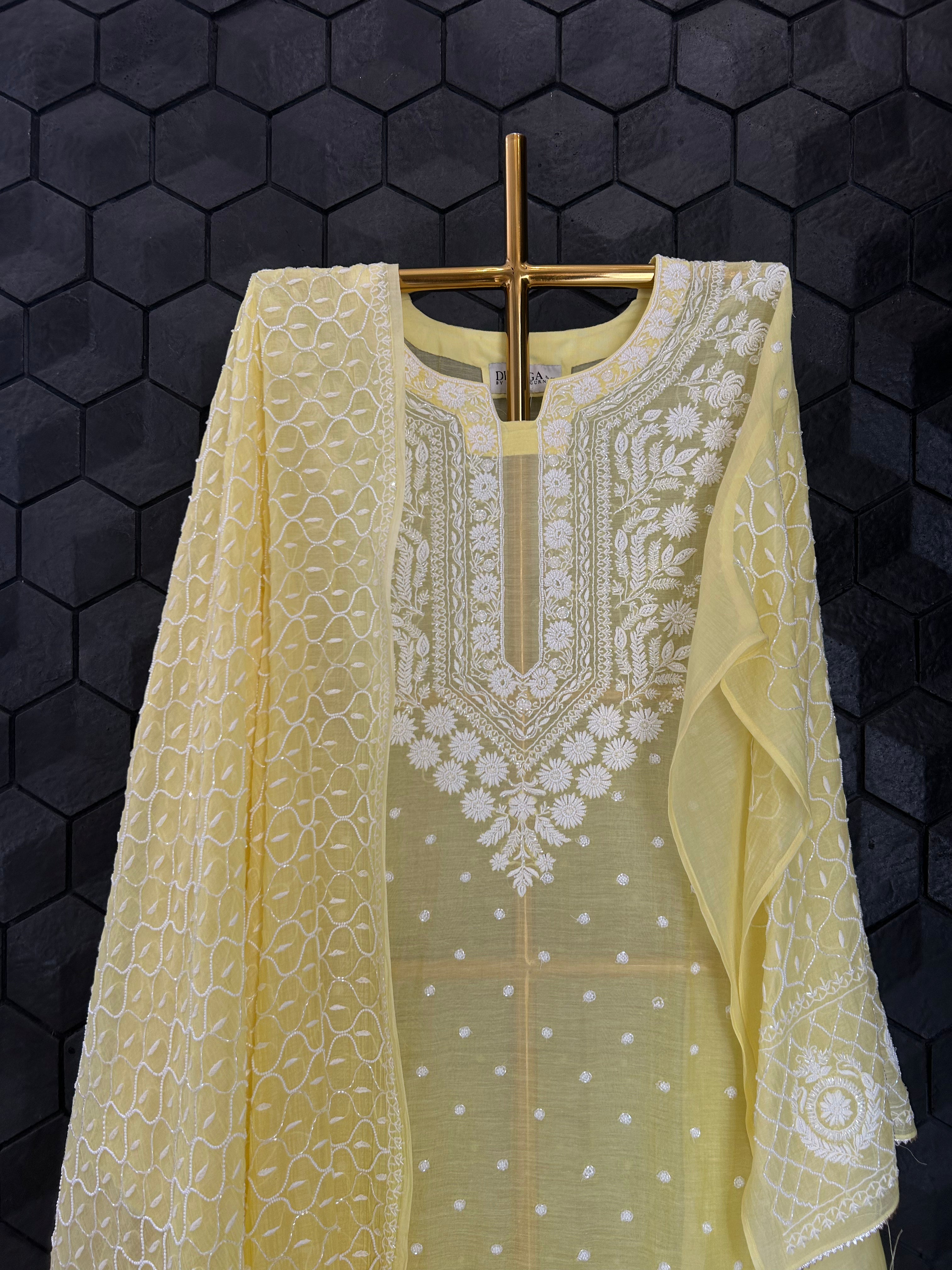 Green Mul Chanderi Chikankari kurta Set