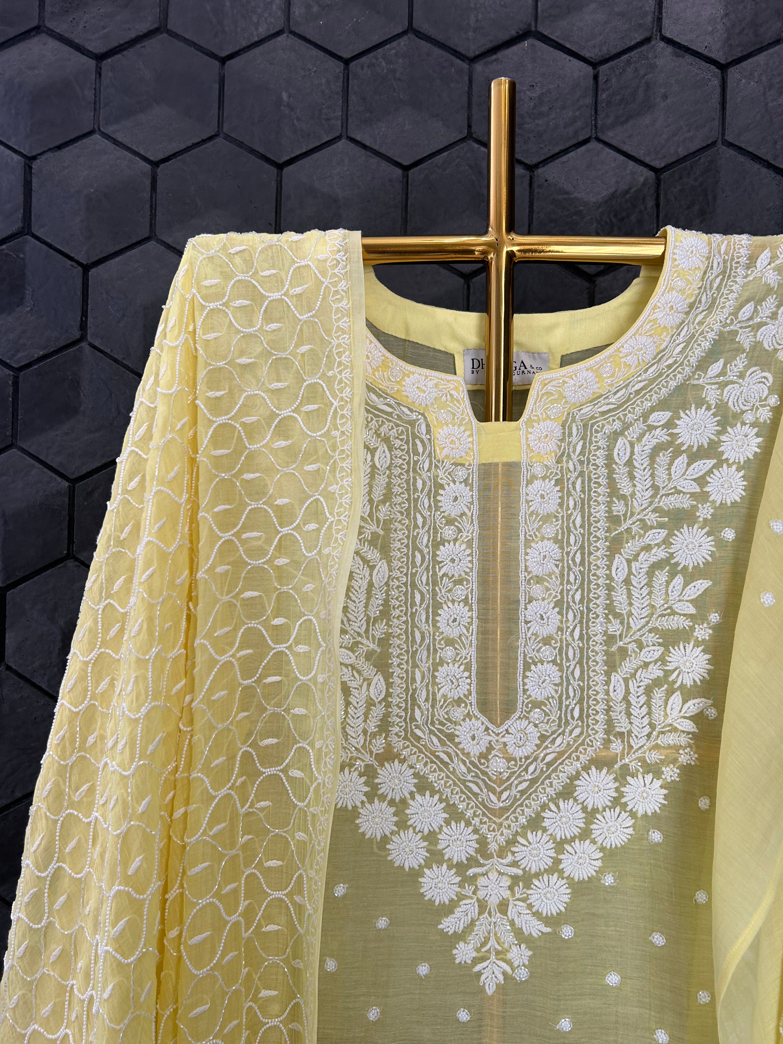 Green Mul Chanderi Chikankari kurta Set