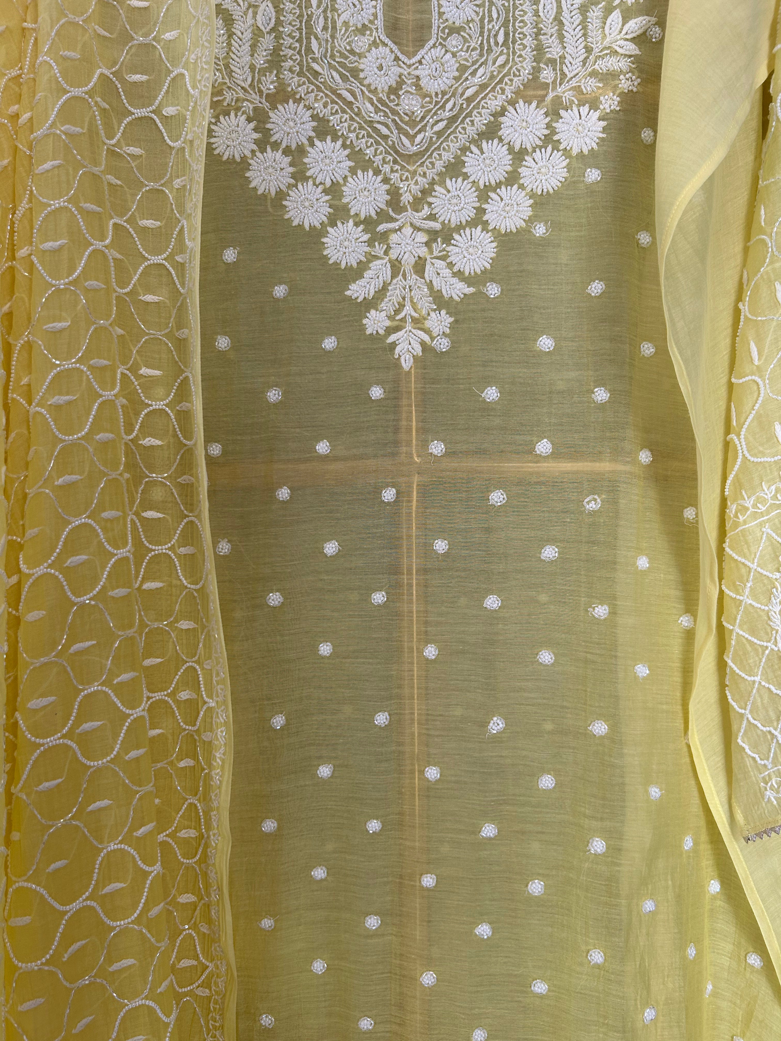 Green Mul Chanderi Chikankari kurta Set