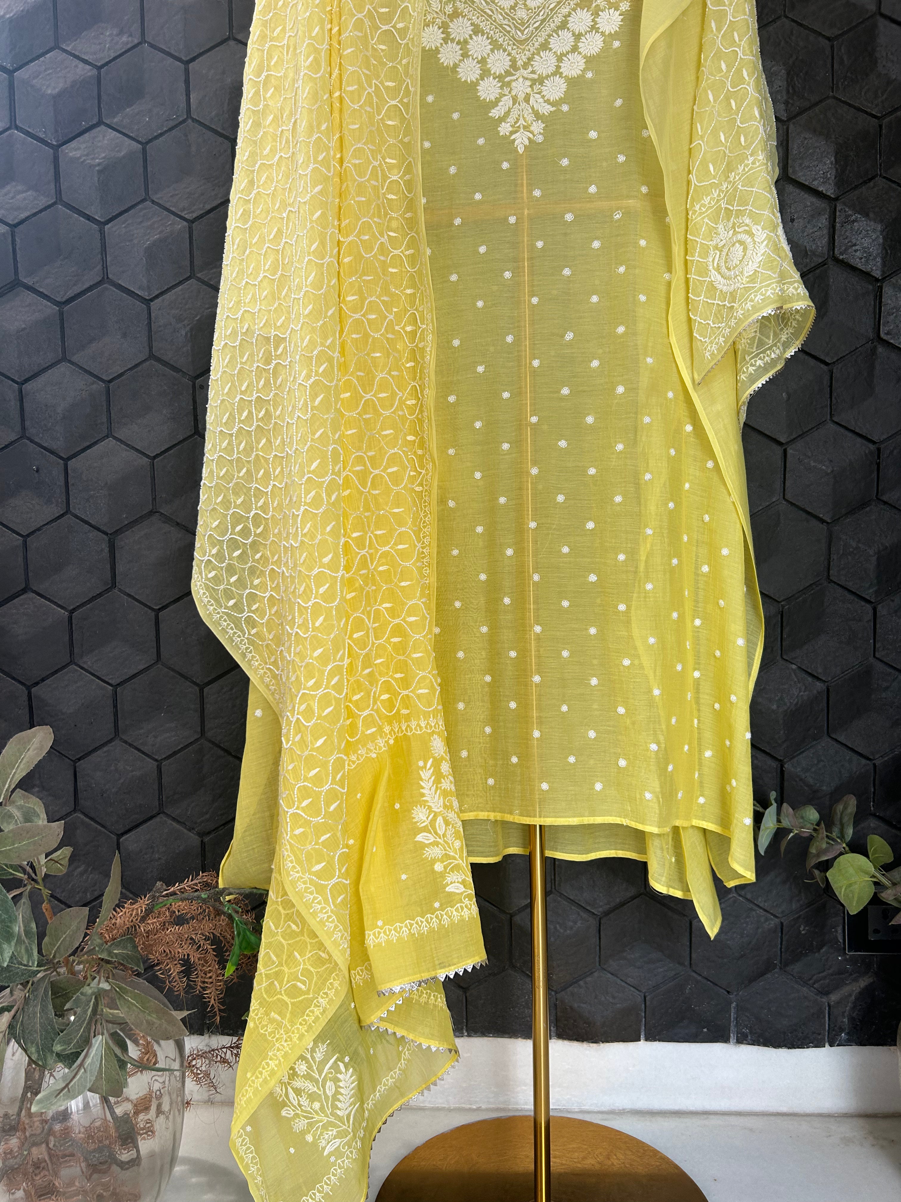 Green Mul Chanderi Chikankari kurta Set