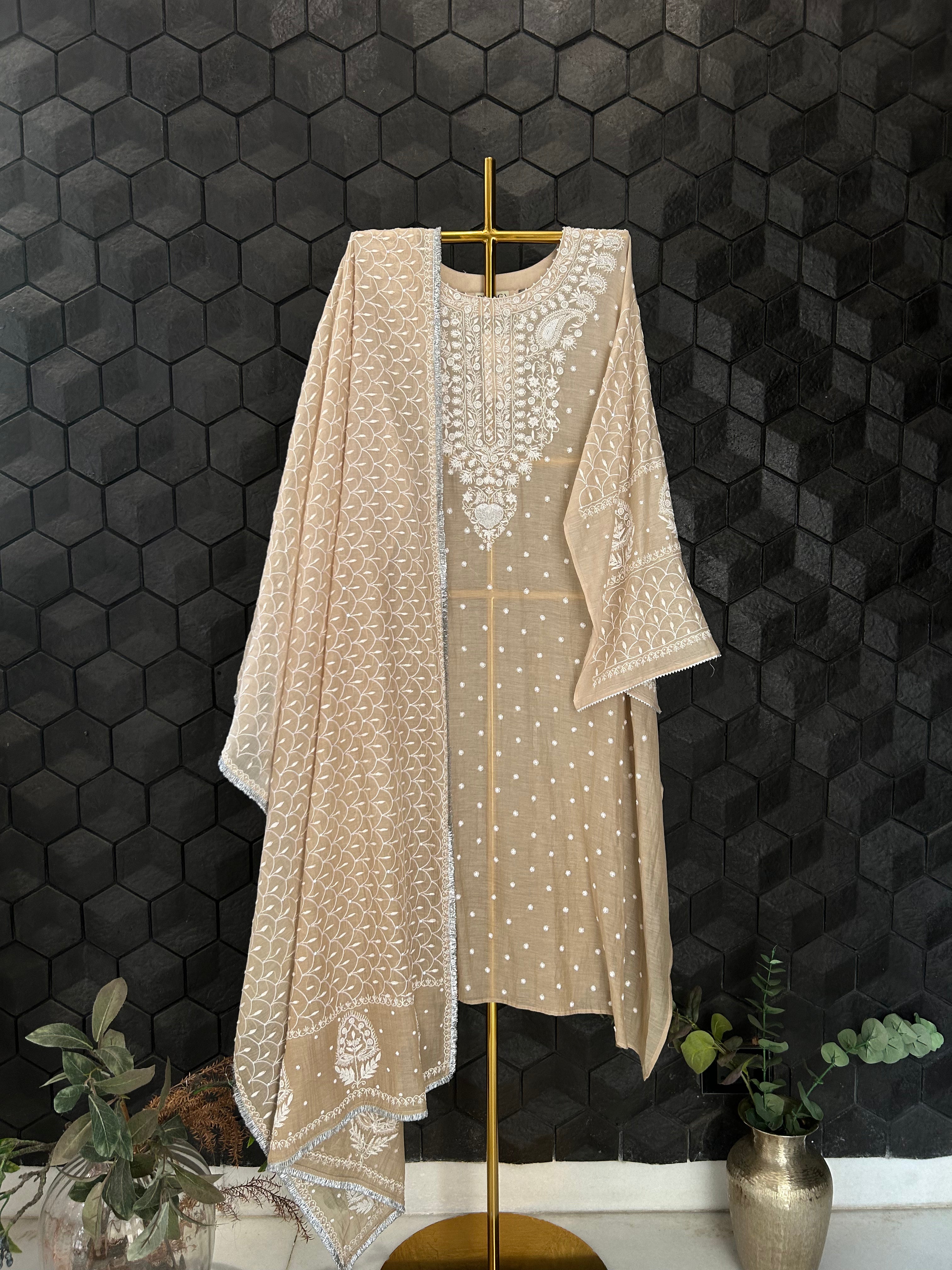 Brown Mul Chanderi Chikankari Kurta Set