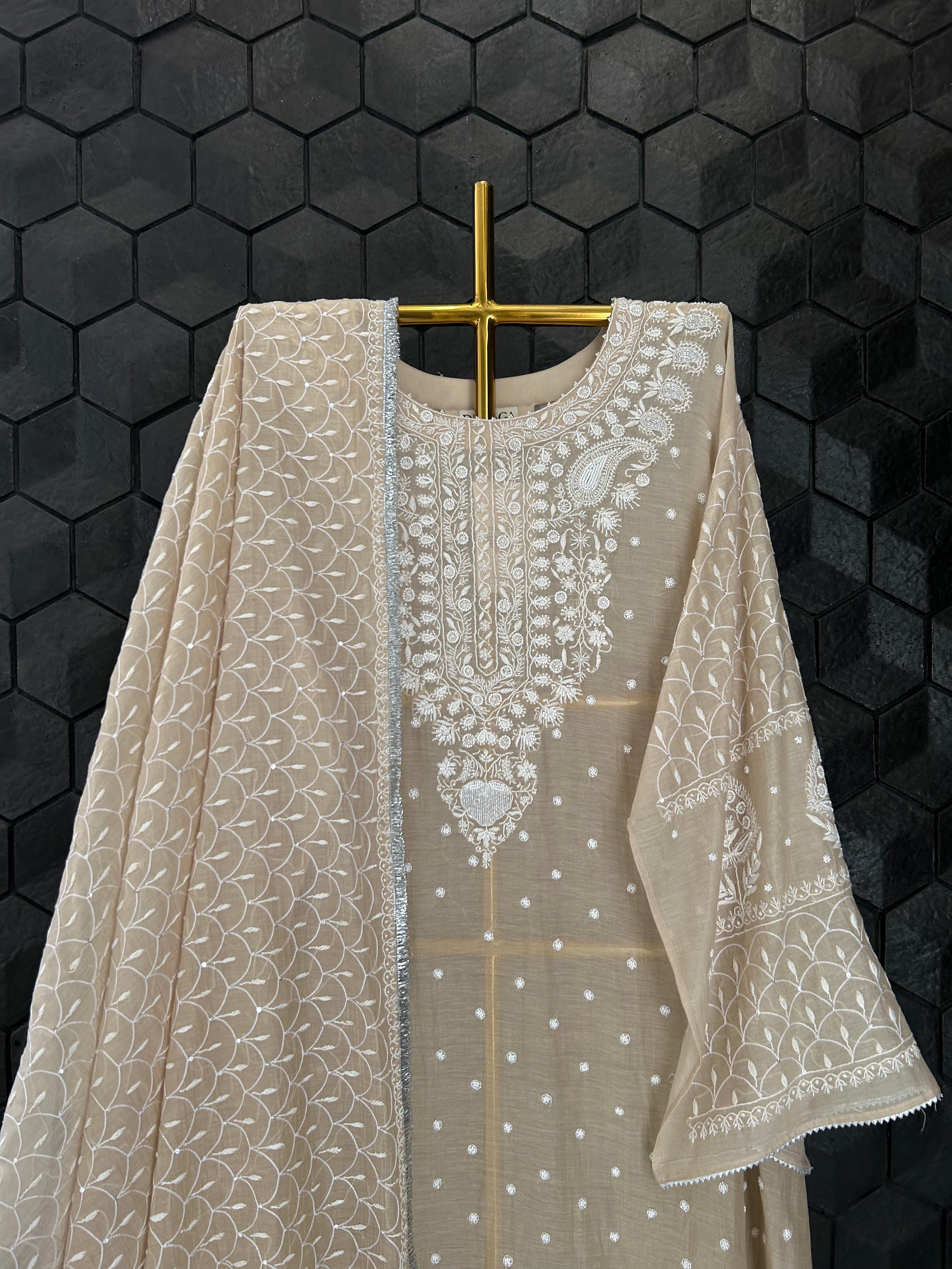 Brown Mul Chanderi Chikankari Kurta Set