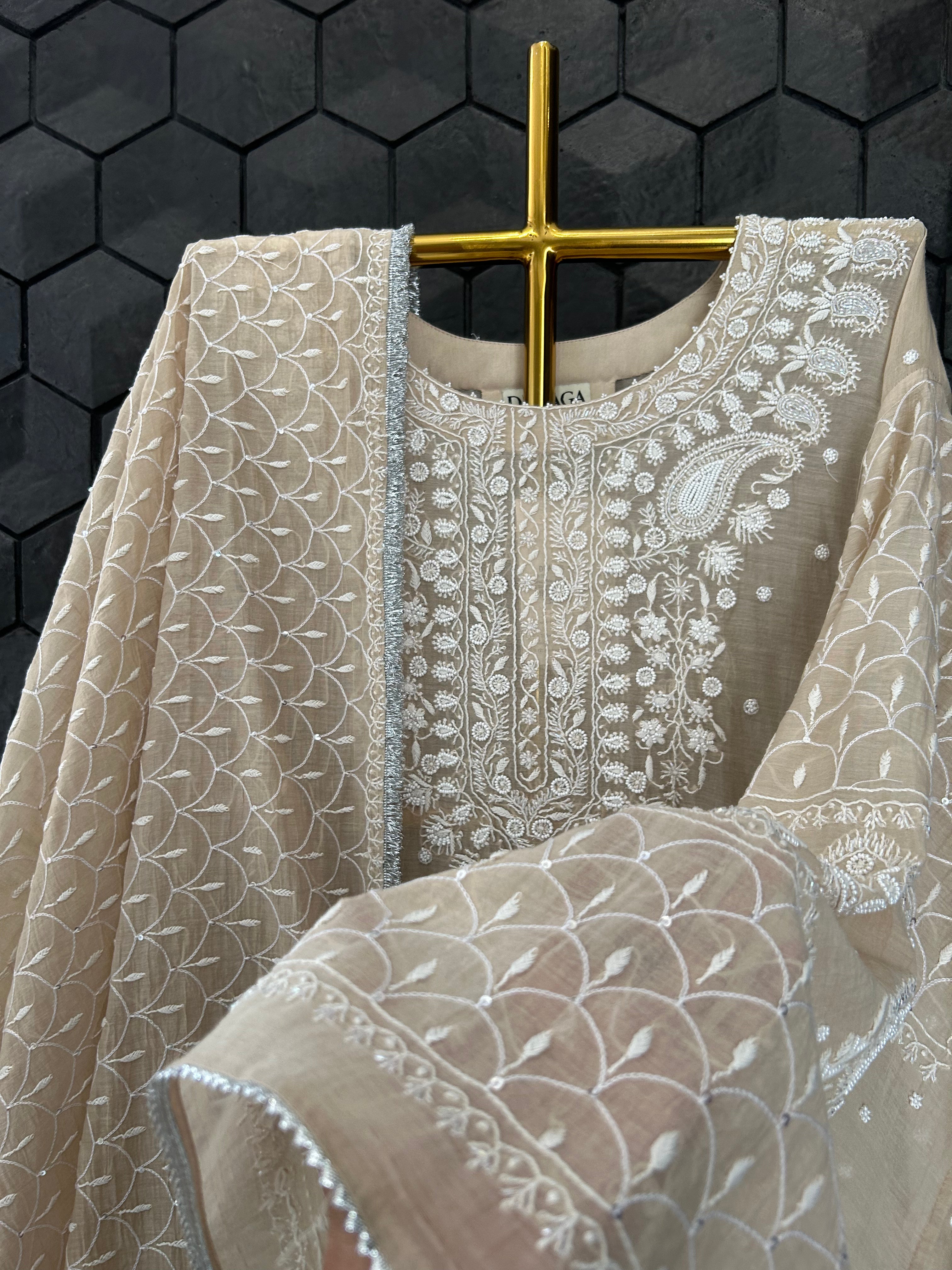 Brown Mul Chanderi Chikankari Kurta Set