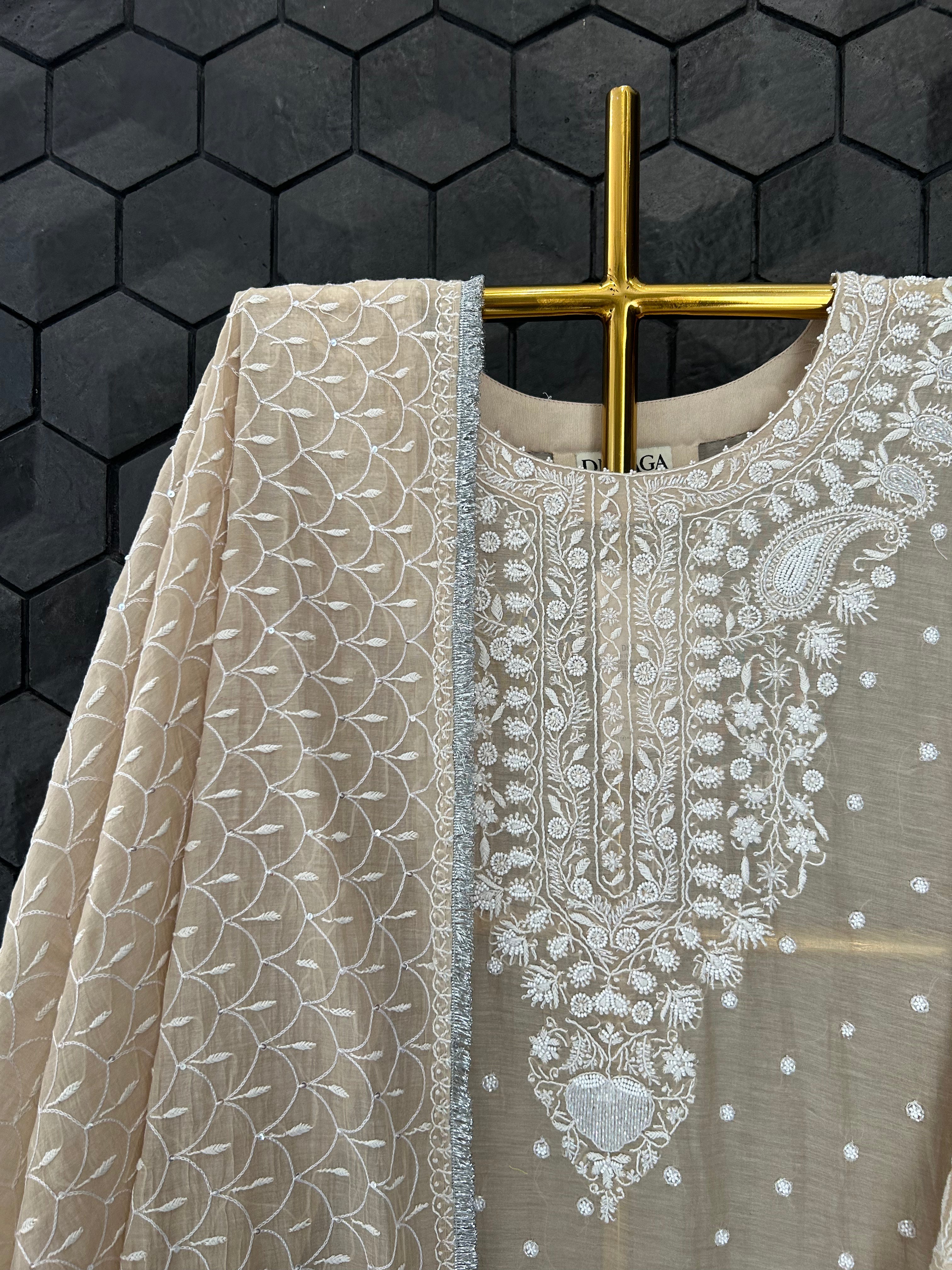 Brown Mul Chanderi Chikankari Kurta Set