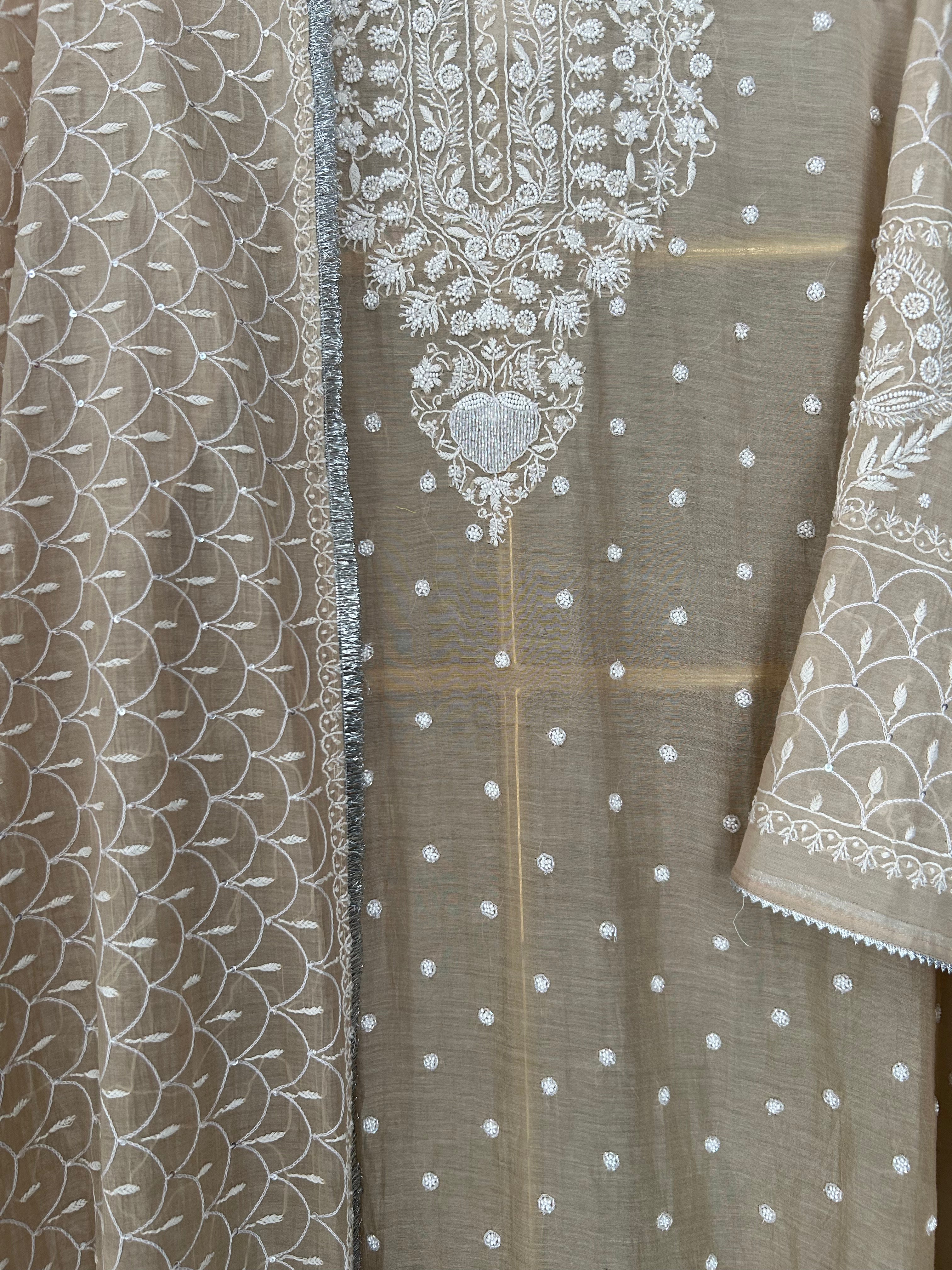Brown Mul Chanderi Chikankari Kurta Set