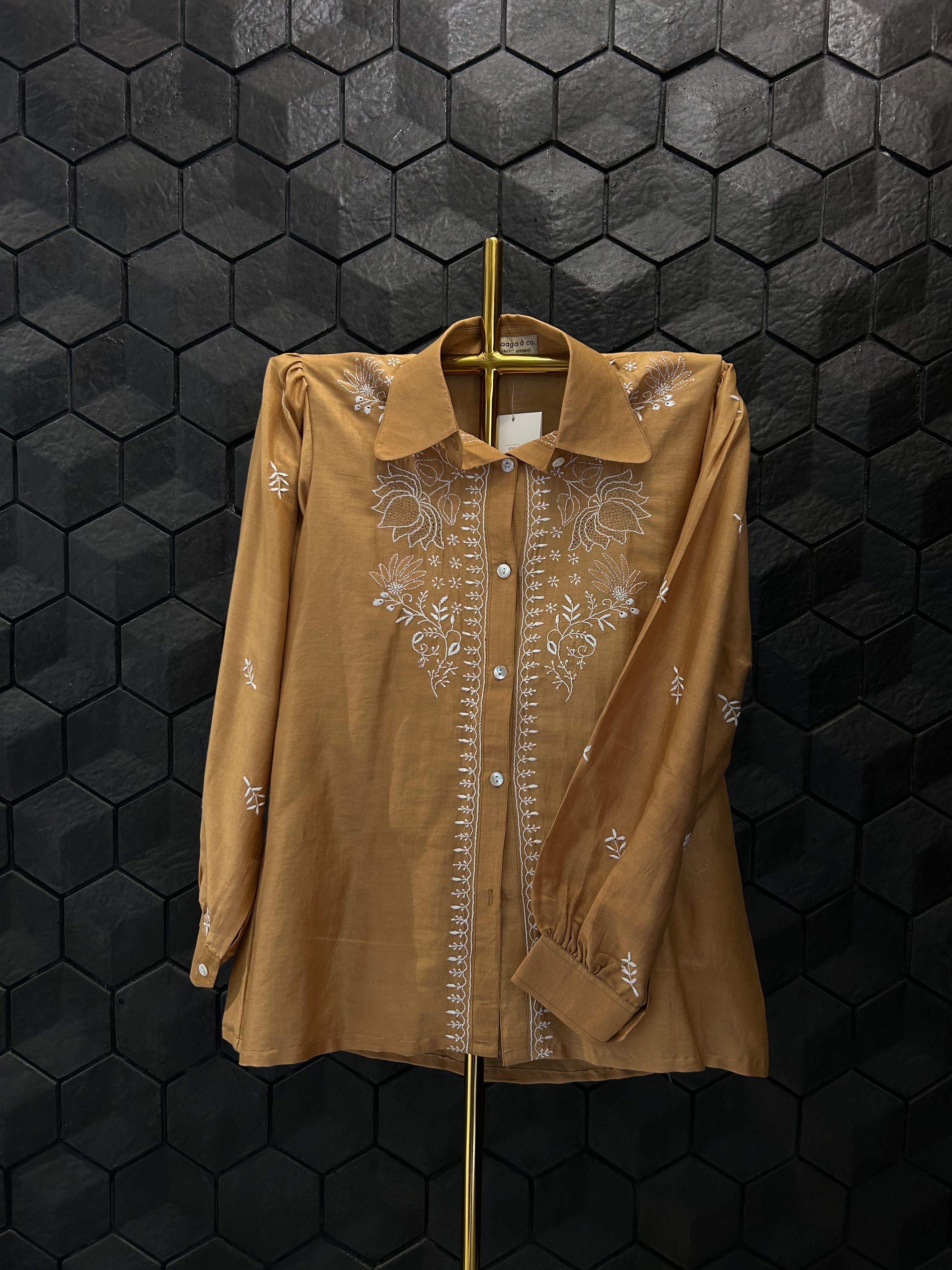 Brown Chanderi Chikankari Shirt