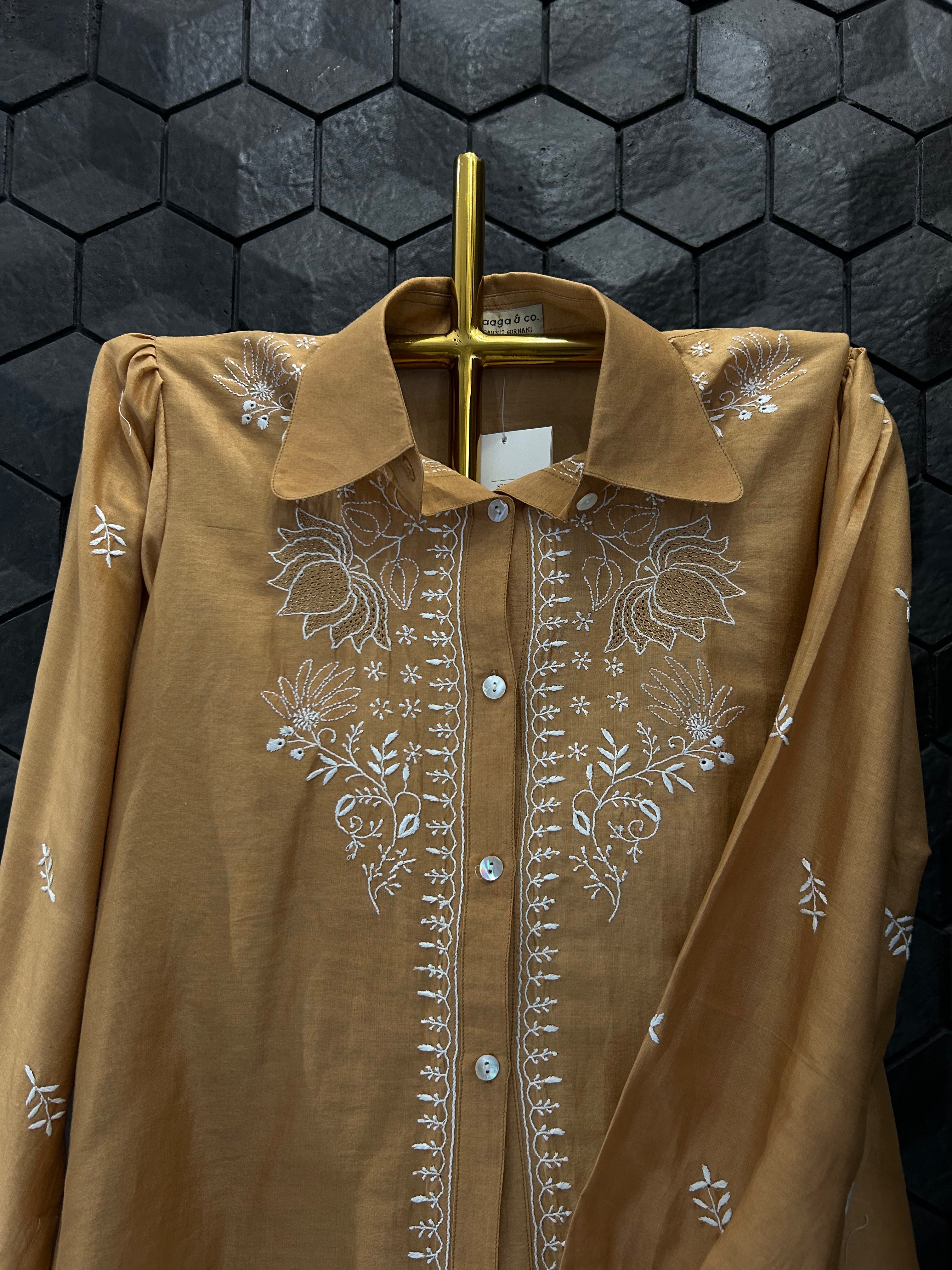 Brown Chanderi Chikankari Shirt