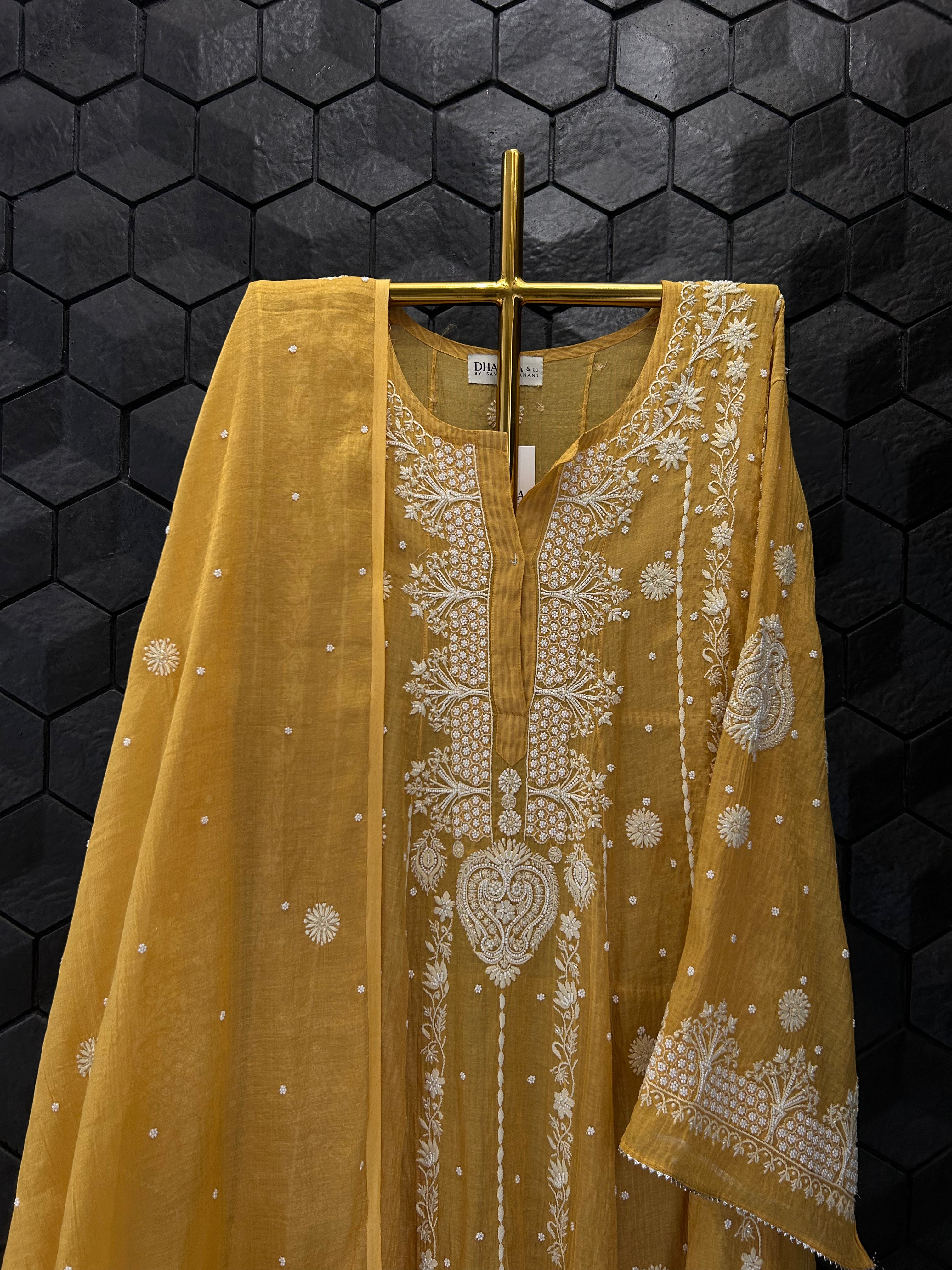 Yellow Striped Tissue Chikankari Anarkali Set