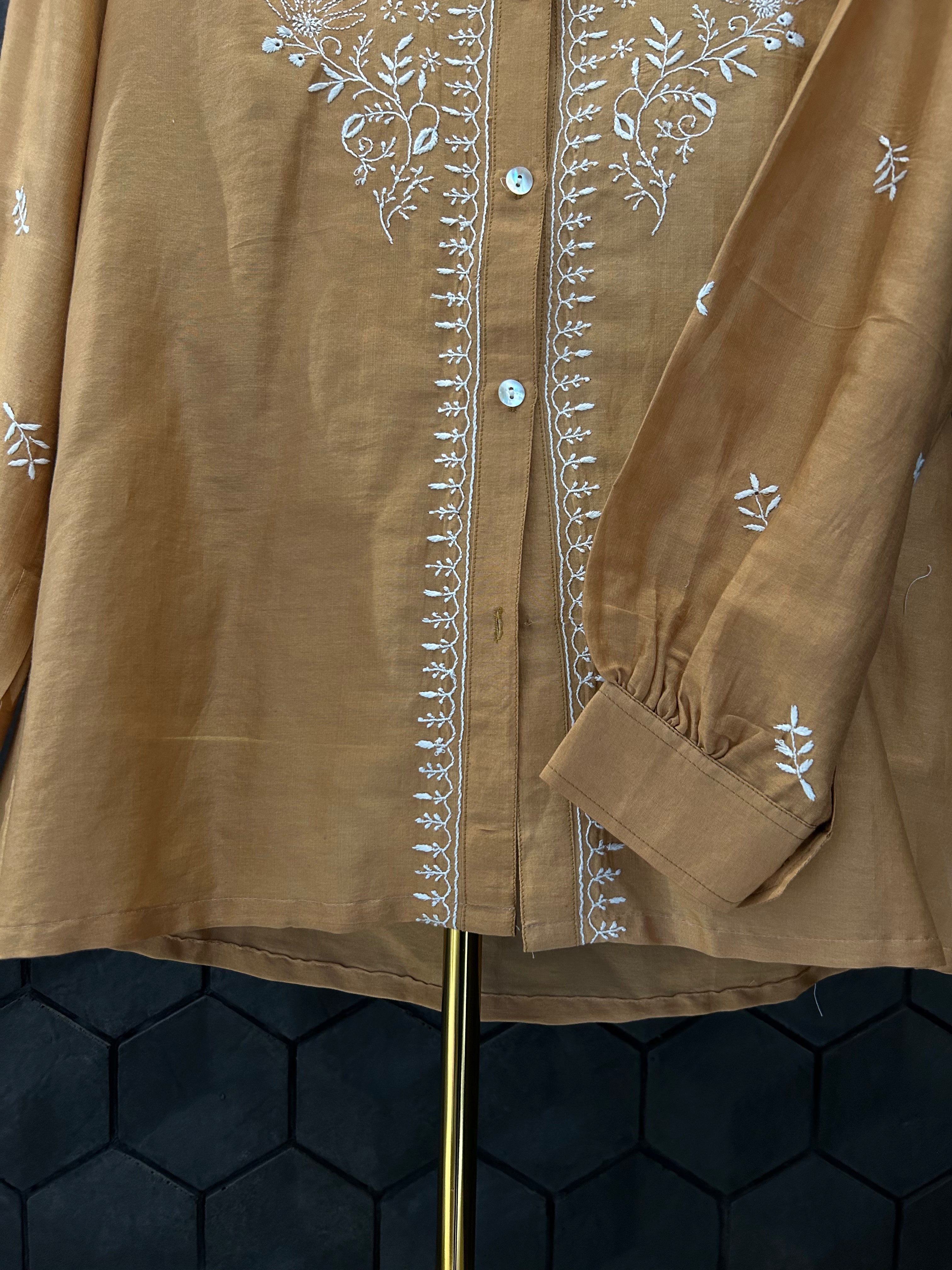 Brown Chanderi Chikankari Shirt
