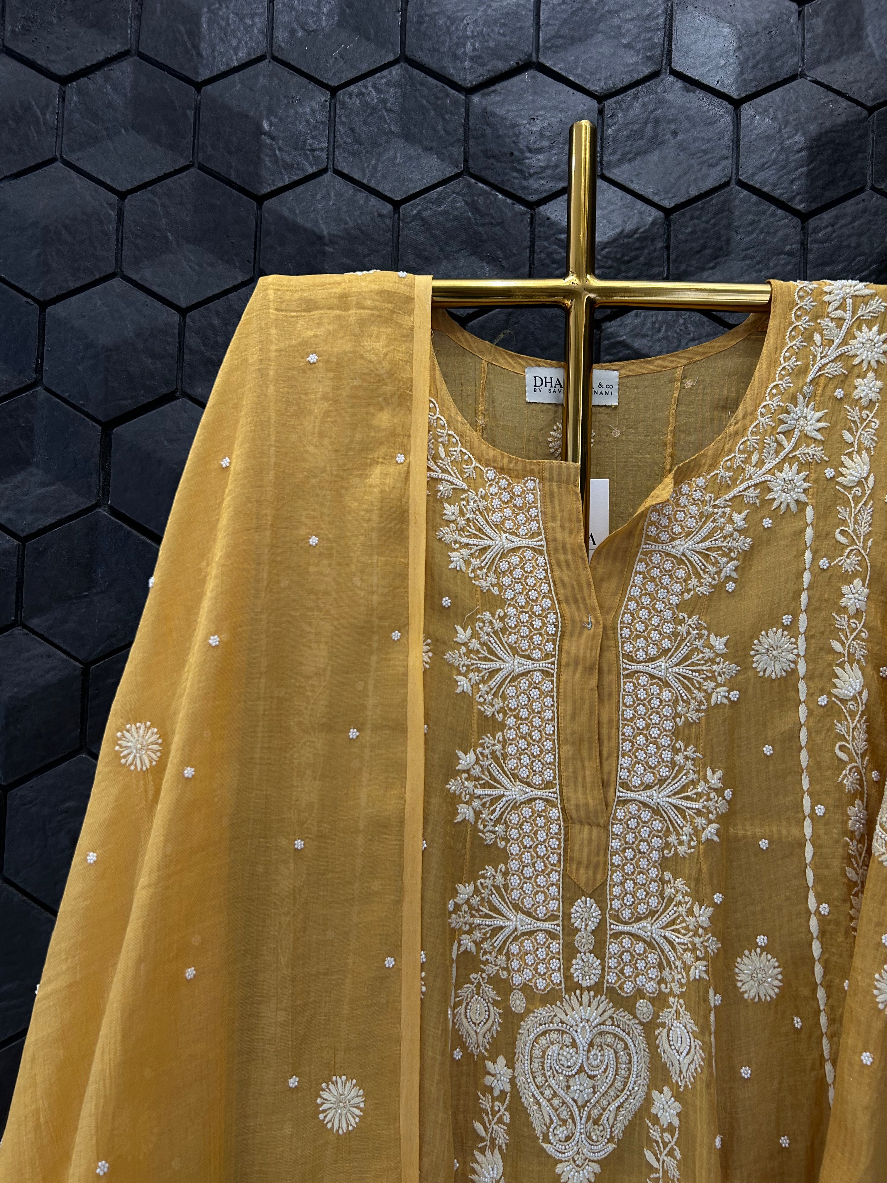 Yellow Striped Tissue Chikankari Anarkali Set