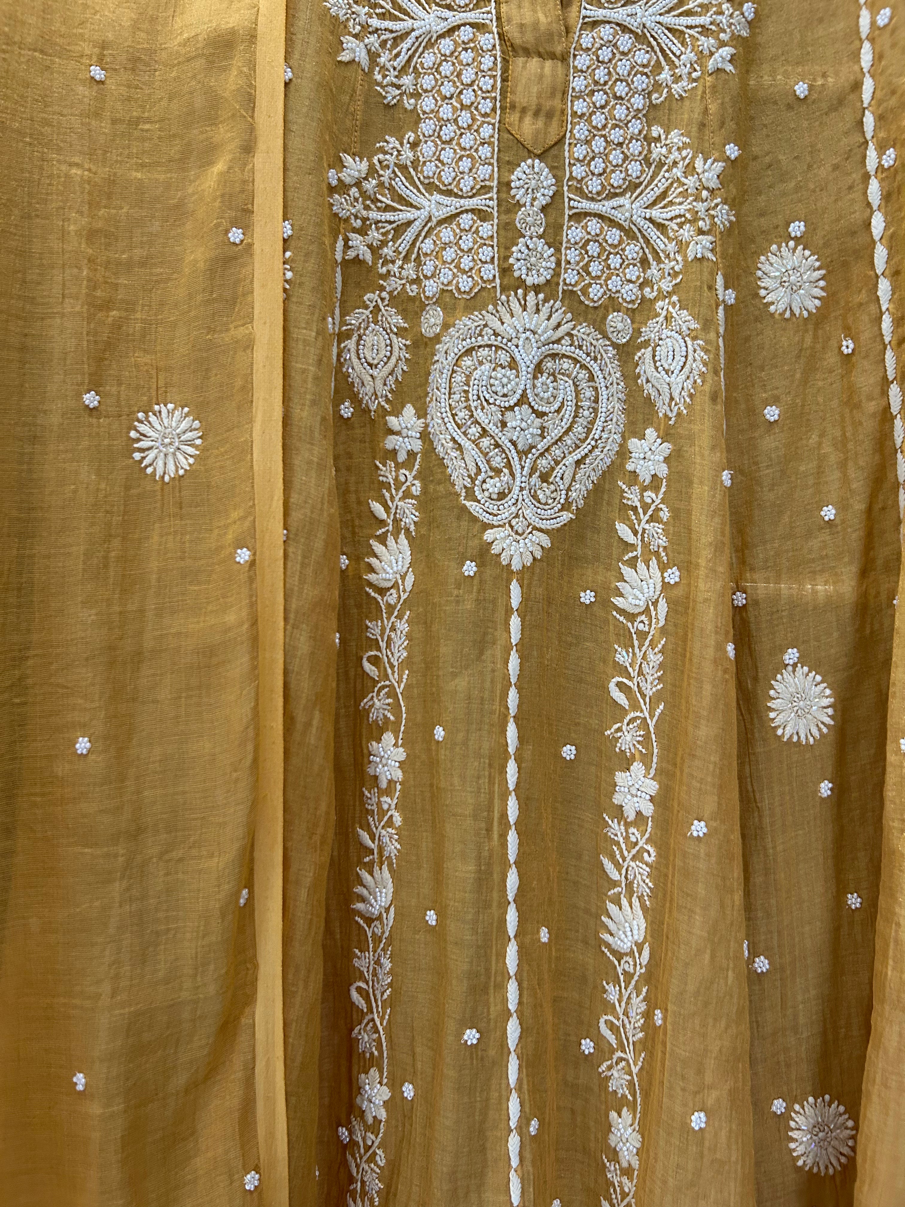 Yellow Striped Tissue Chikankari Anarkali Set