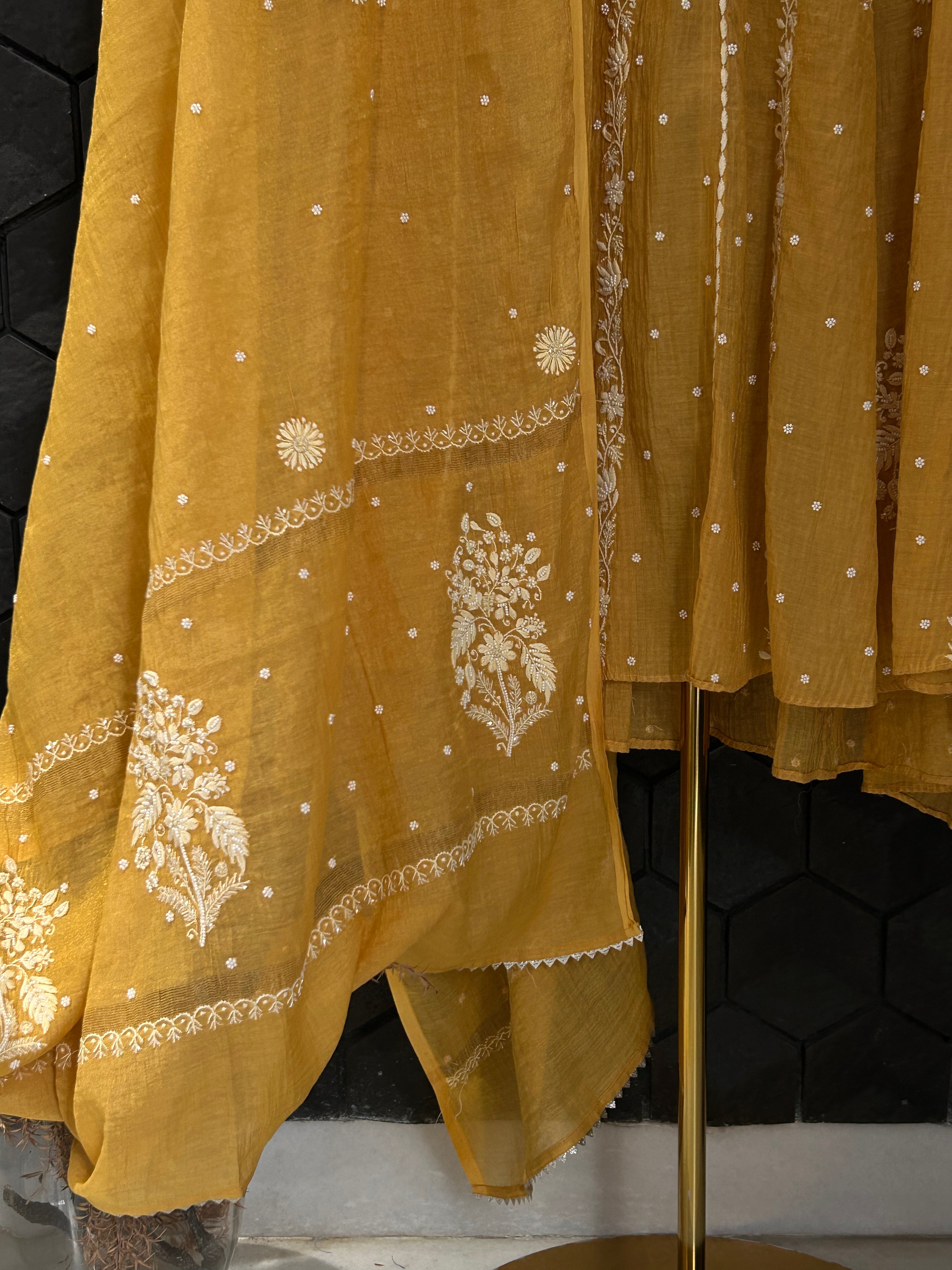 Yellow Striped Tissue Chikankari Anarkali Set