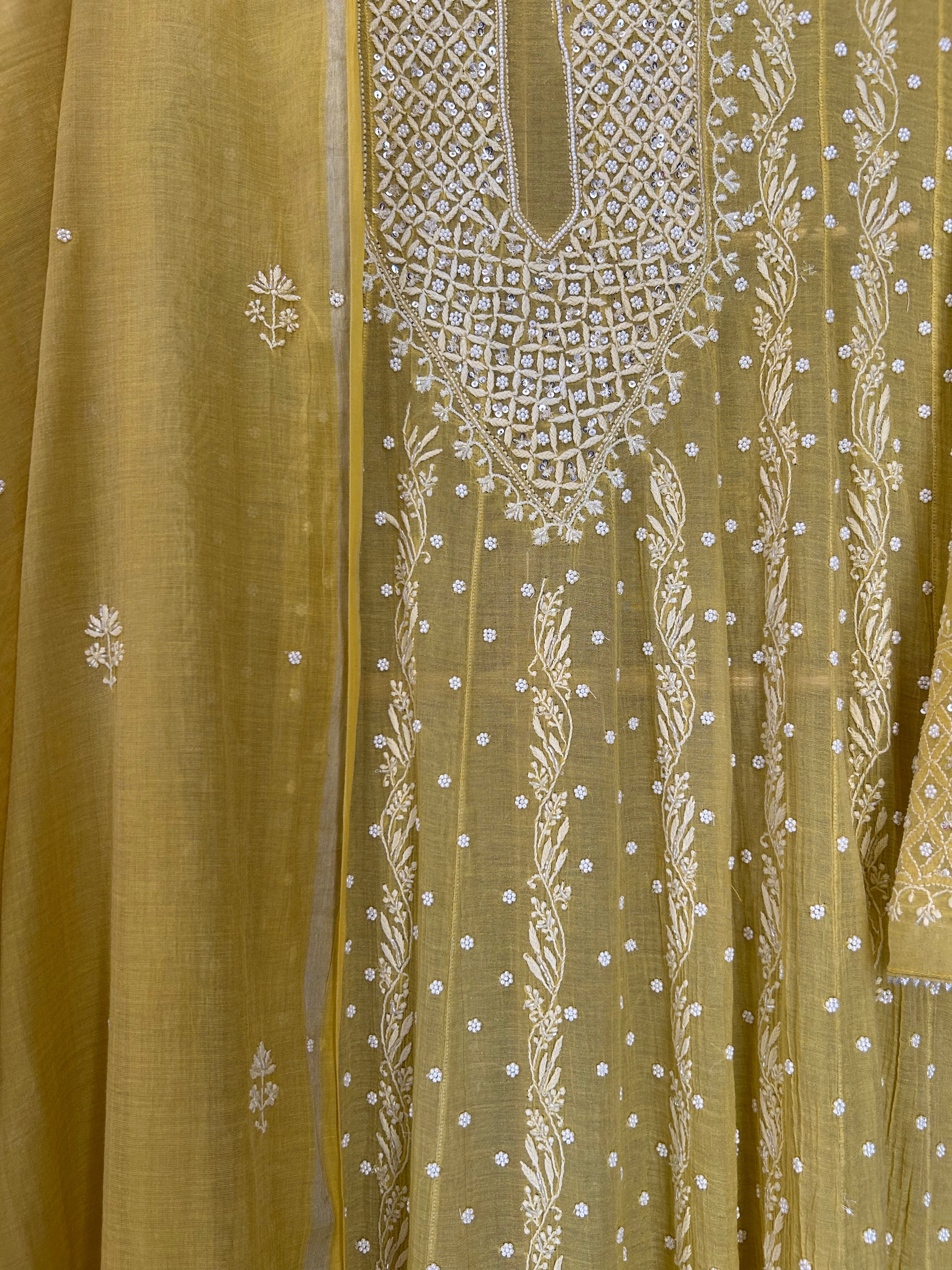 Yellow Silver Tissue Chikankari Anarkali Set