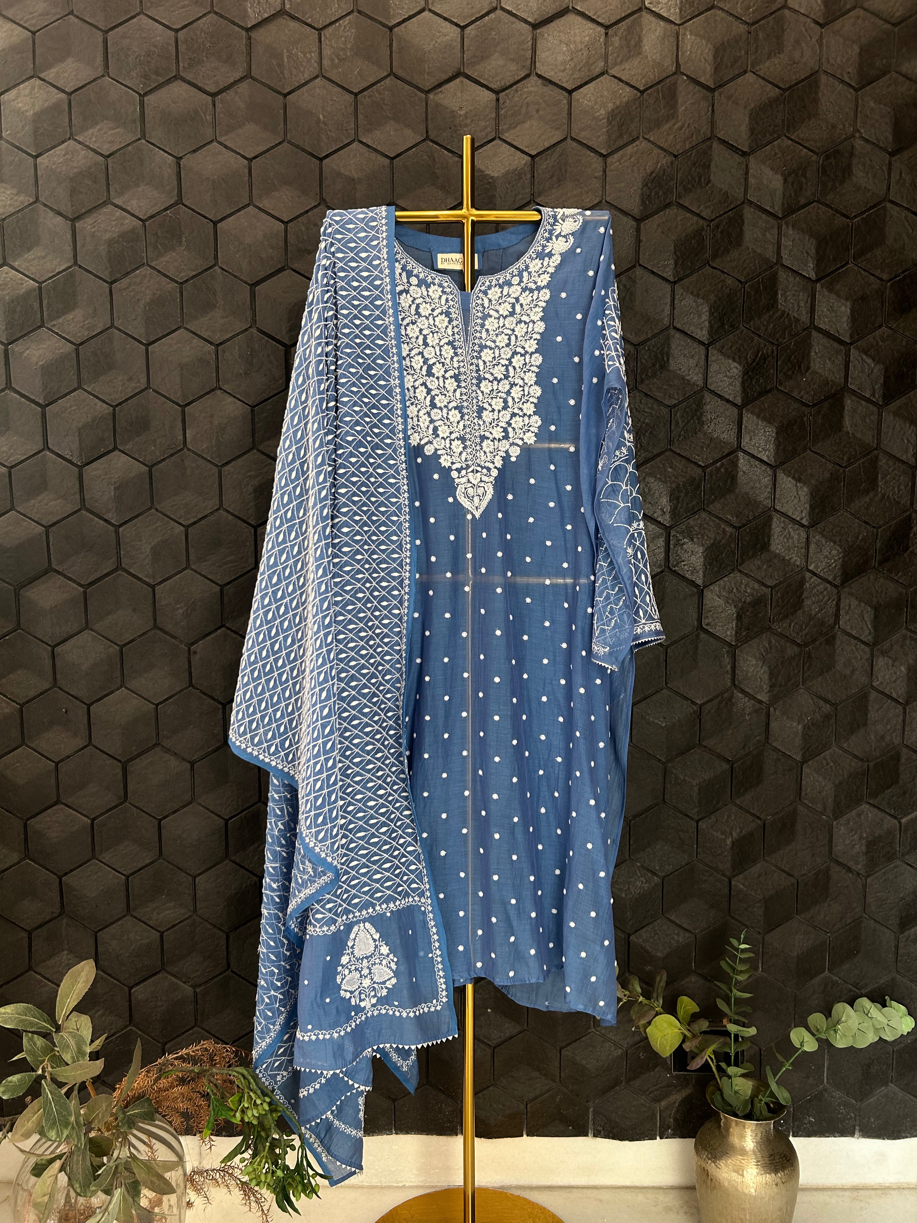 Blue Mul Chanderi Chikankari Kurta Set