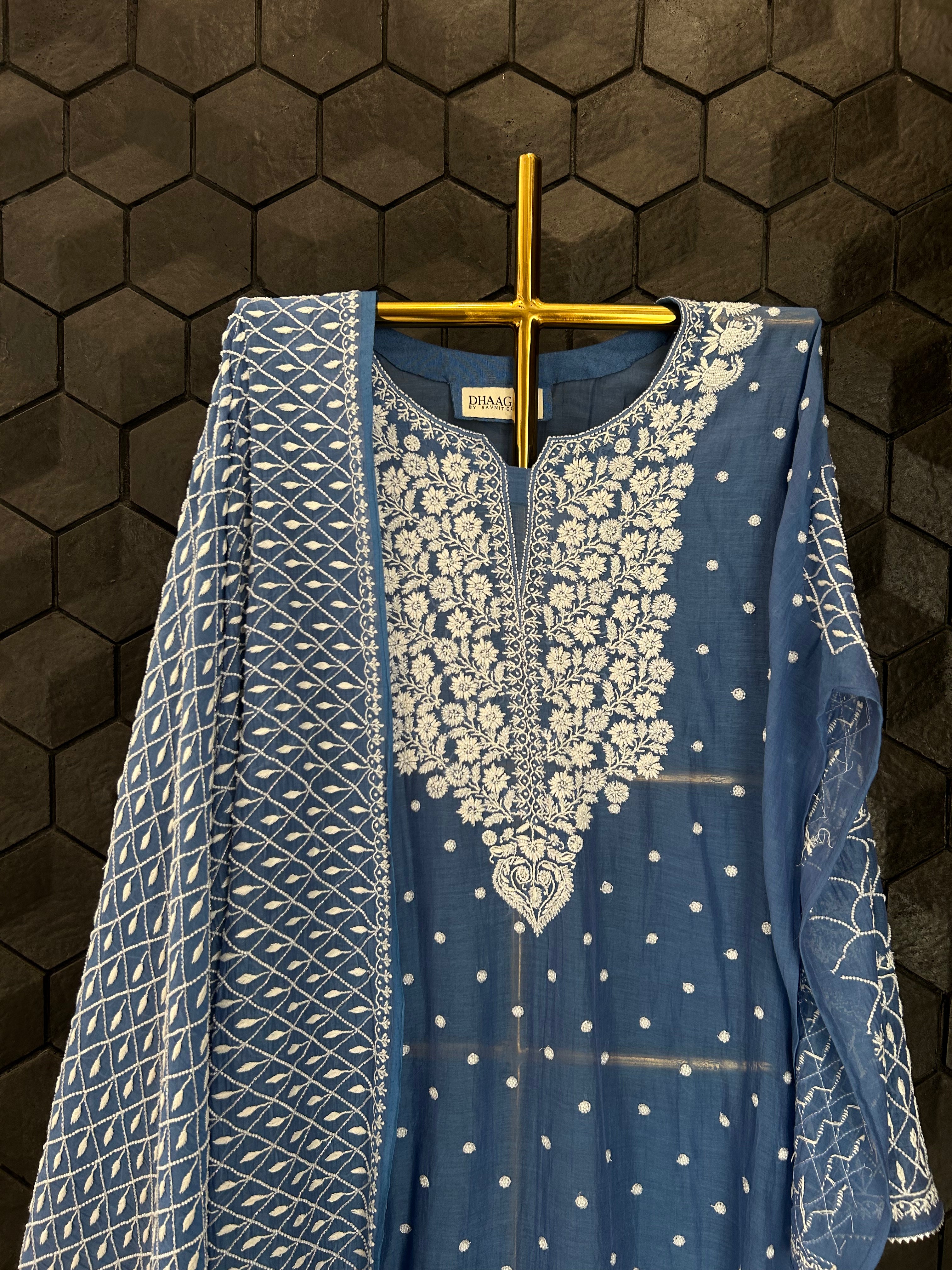 Blue Mul Chanderi Chikankari Kurta Set