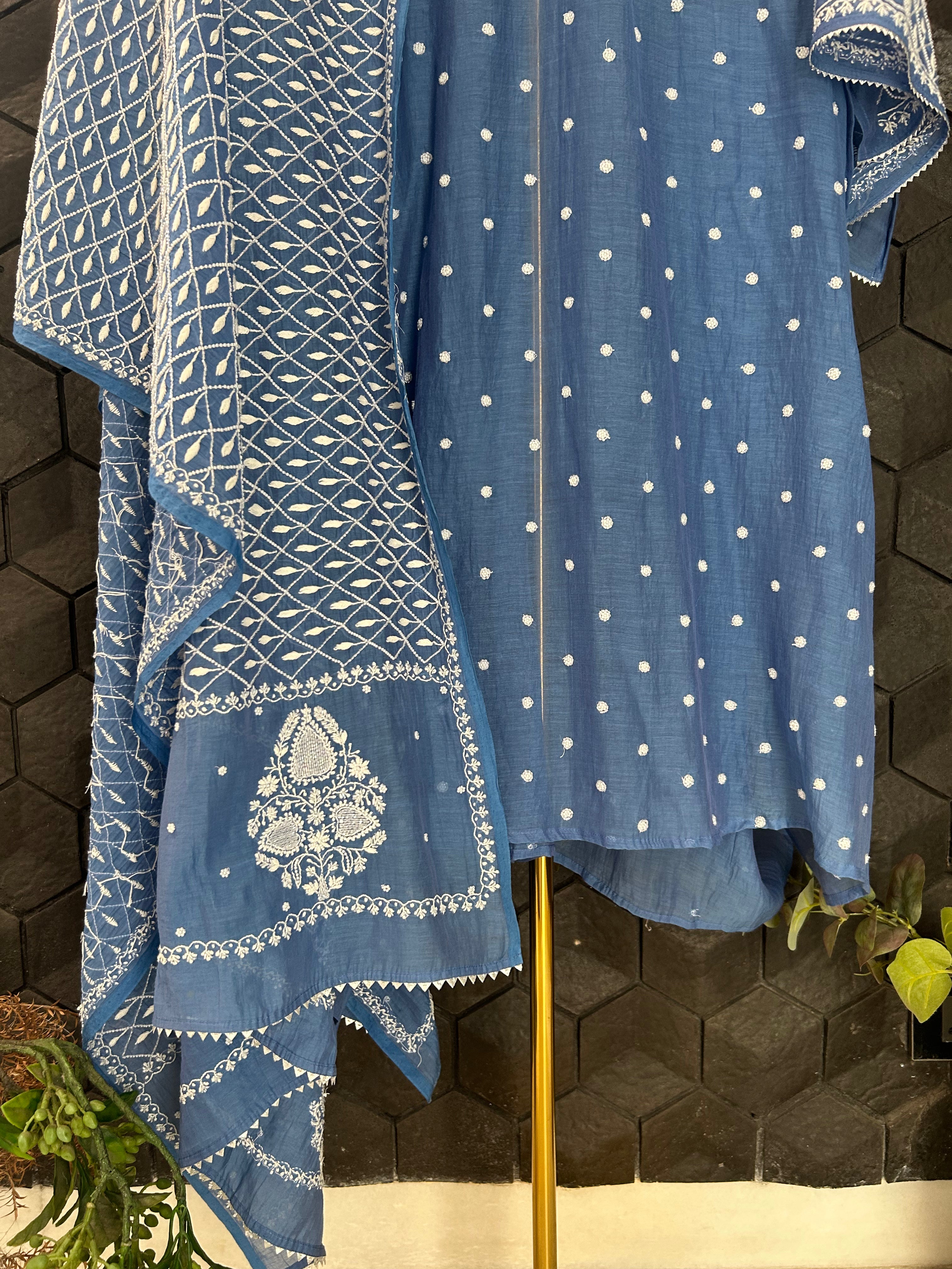 Blue Mul Chanderi Chikankari Kurta Set