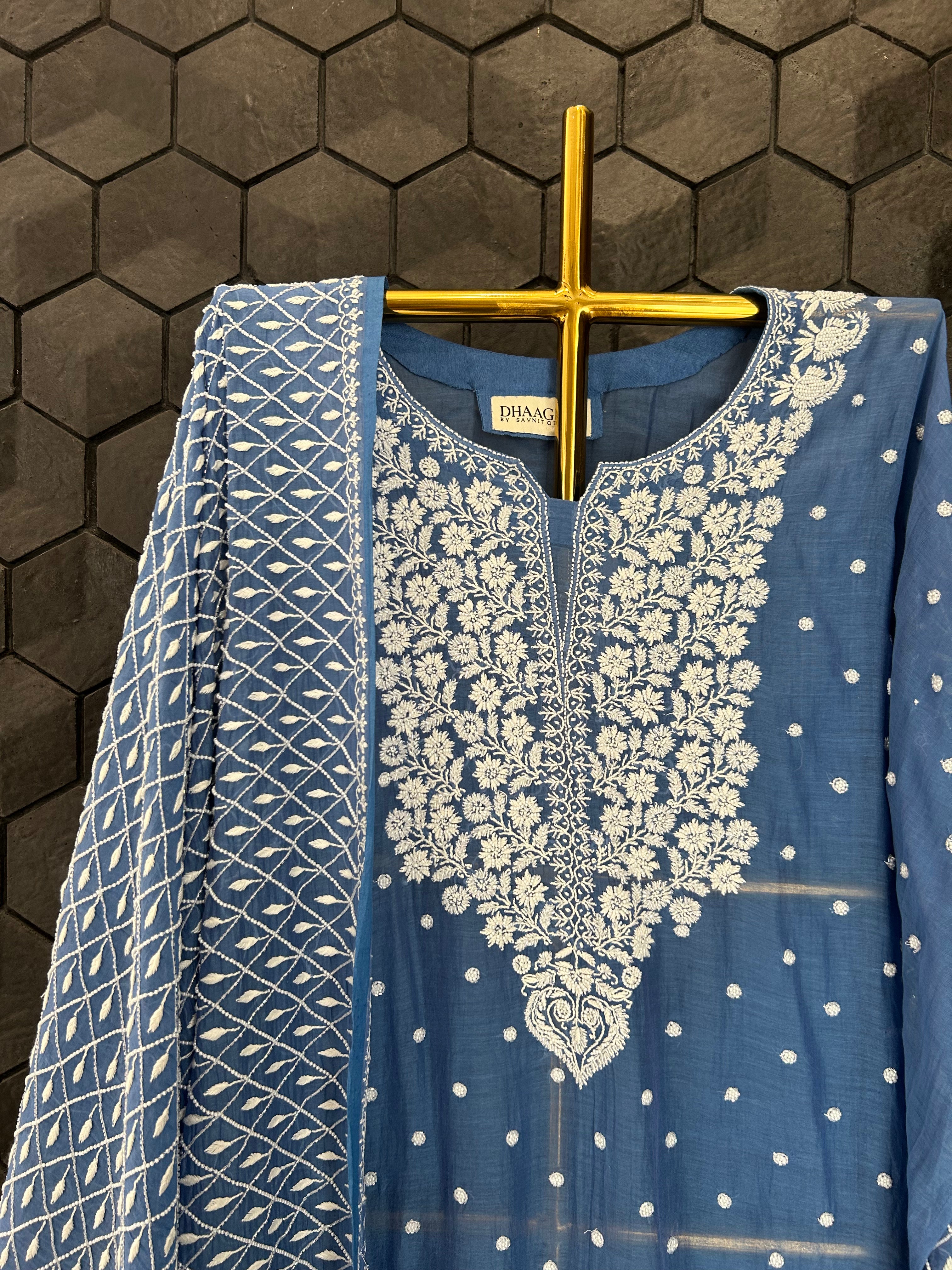 Blue Mul Chanderi Chikankari Kurta Set