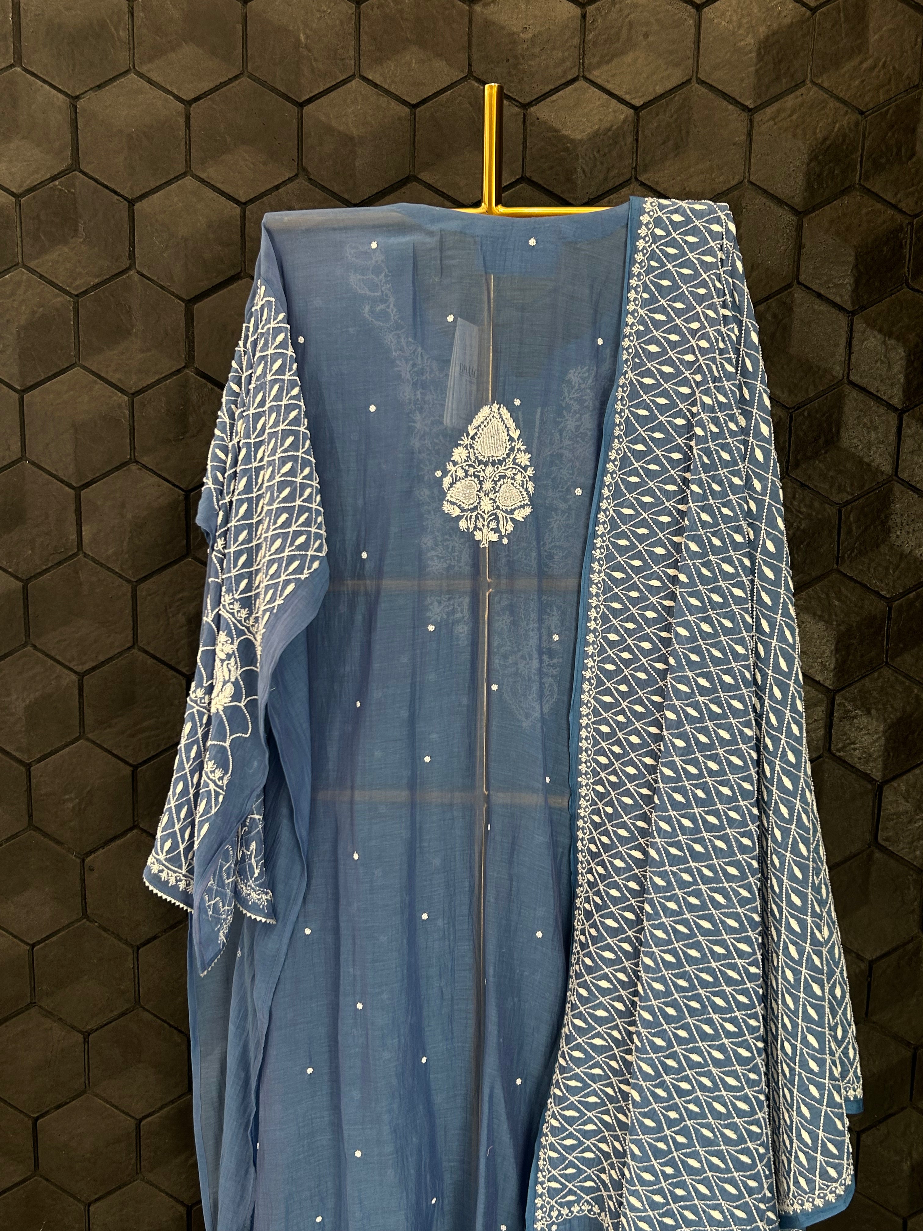 Blue Mul Chanderi Chikankari Kurta Set