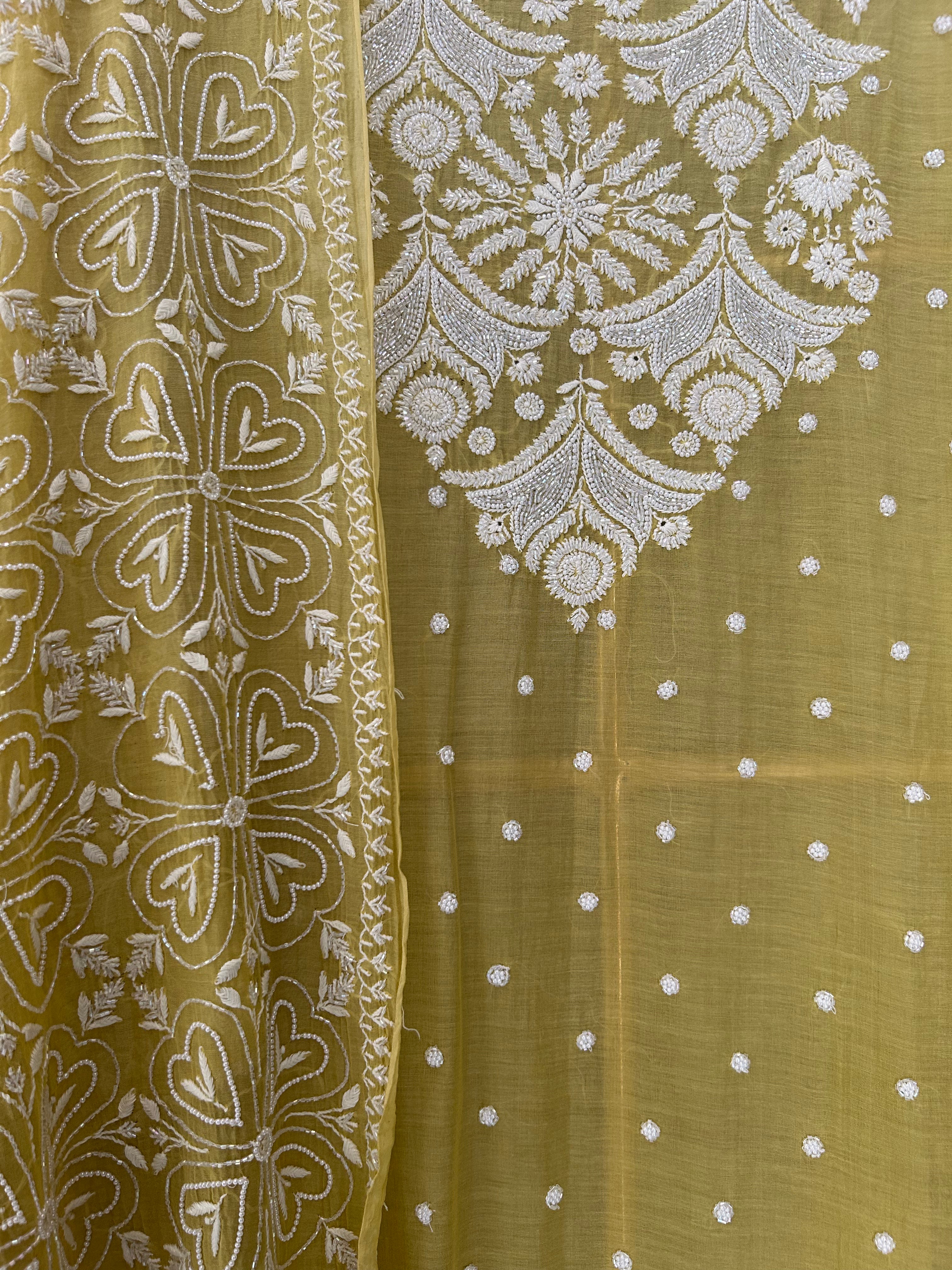 Green Mul Chanderi Chikankari Kurta Set