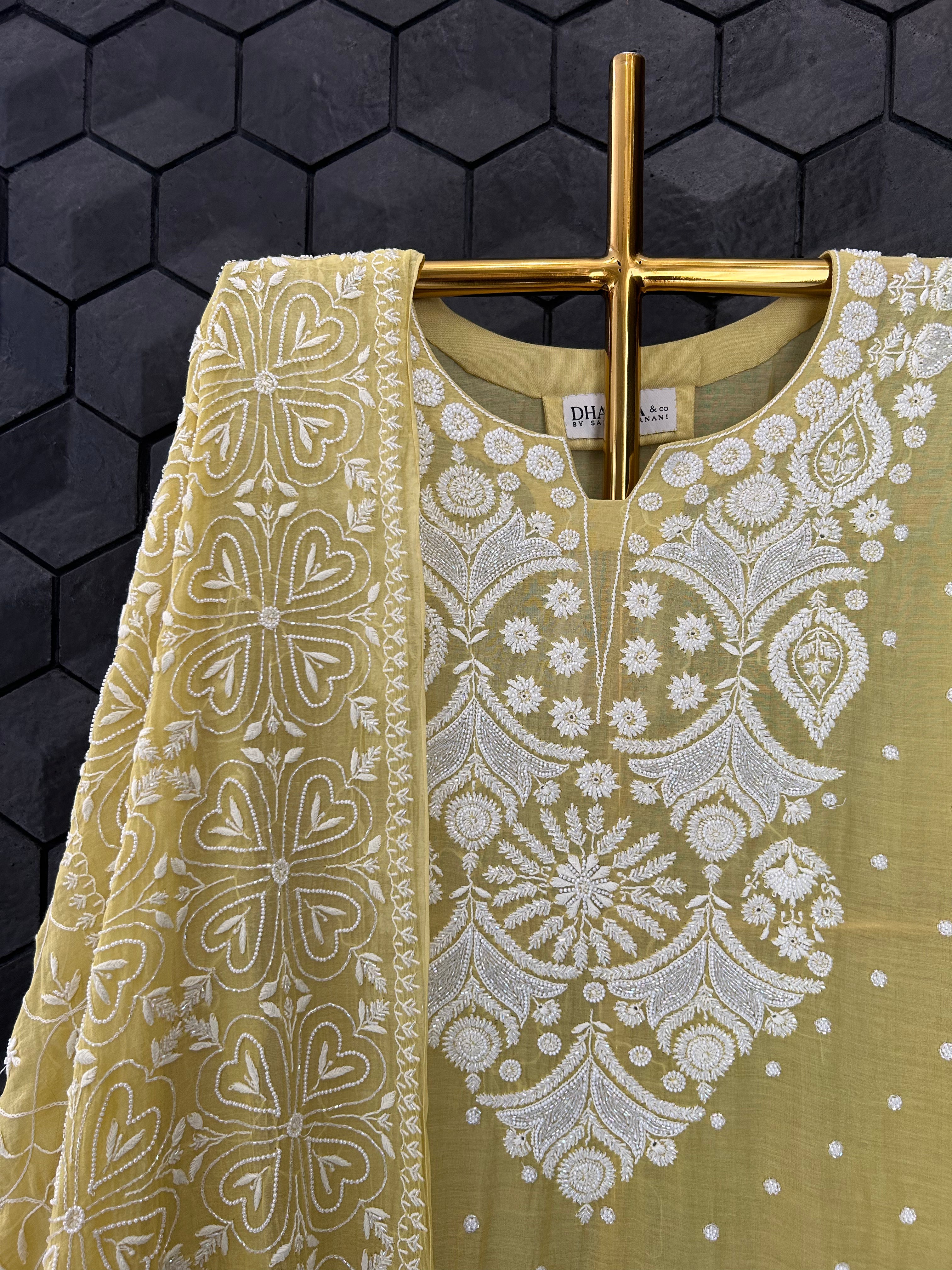 Green Mul Chanderi Chikankari Kurta Set