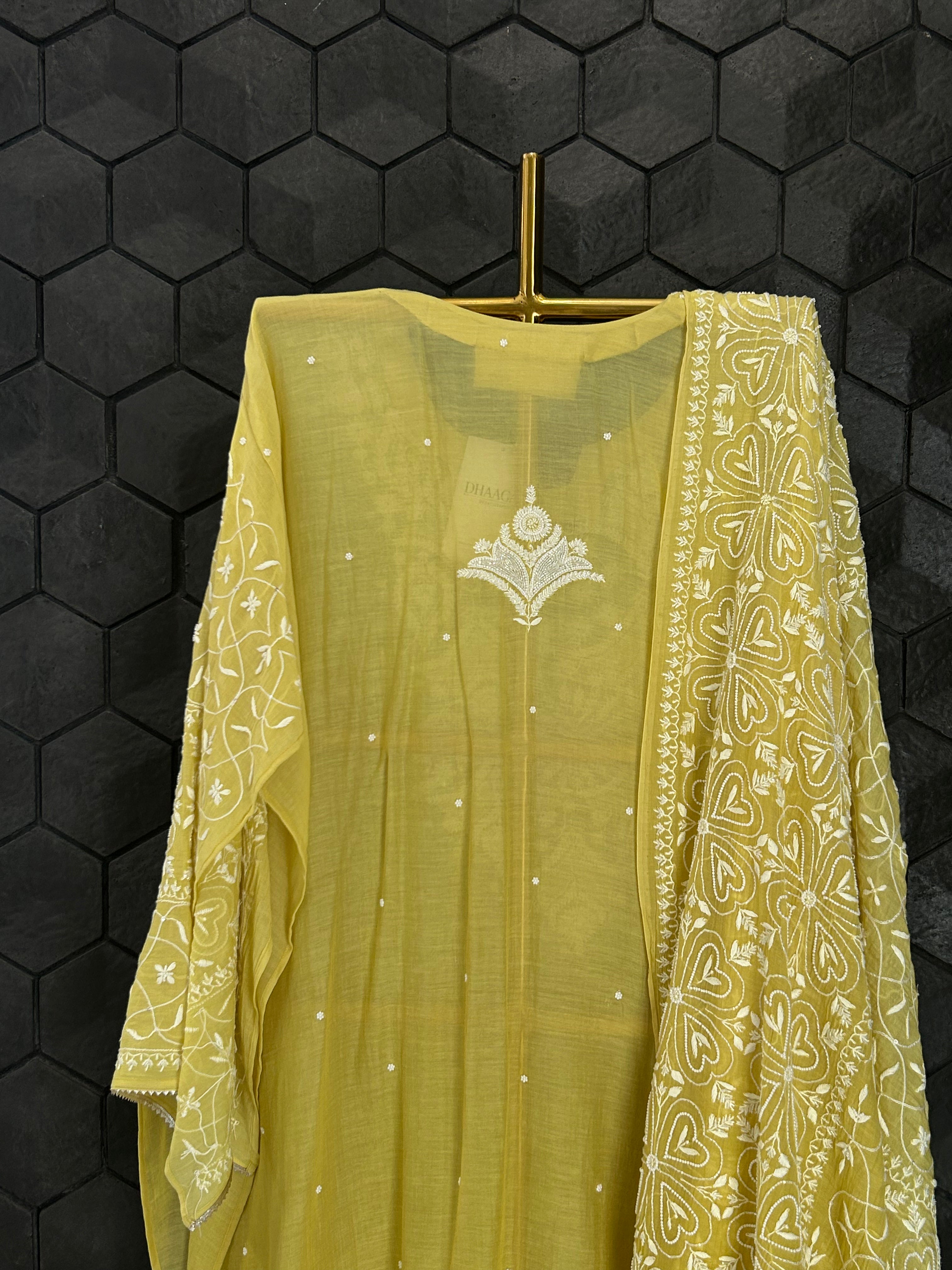 Green Mul Chanderi Chikankari Kurta Set