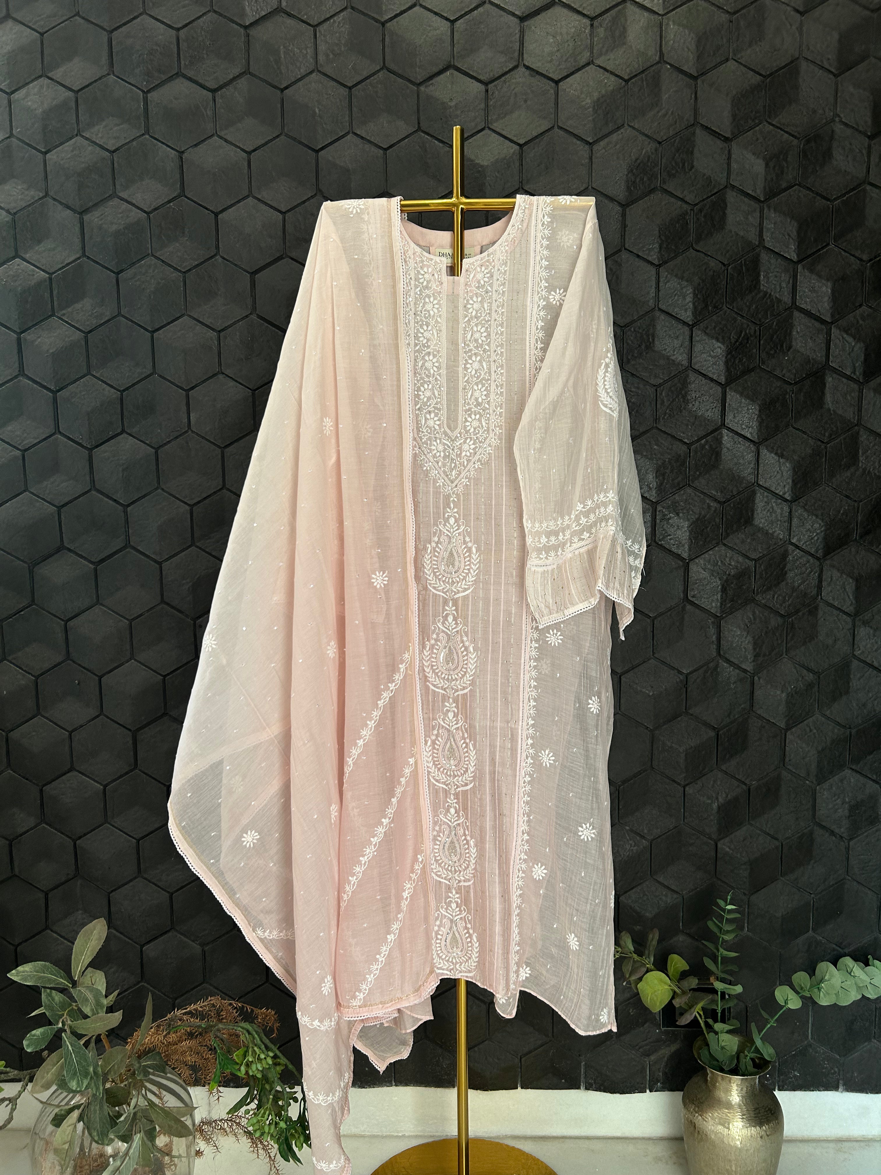 Pink Mul Chanderi Chikankari Kurta Set