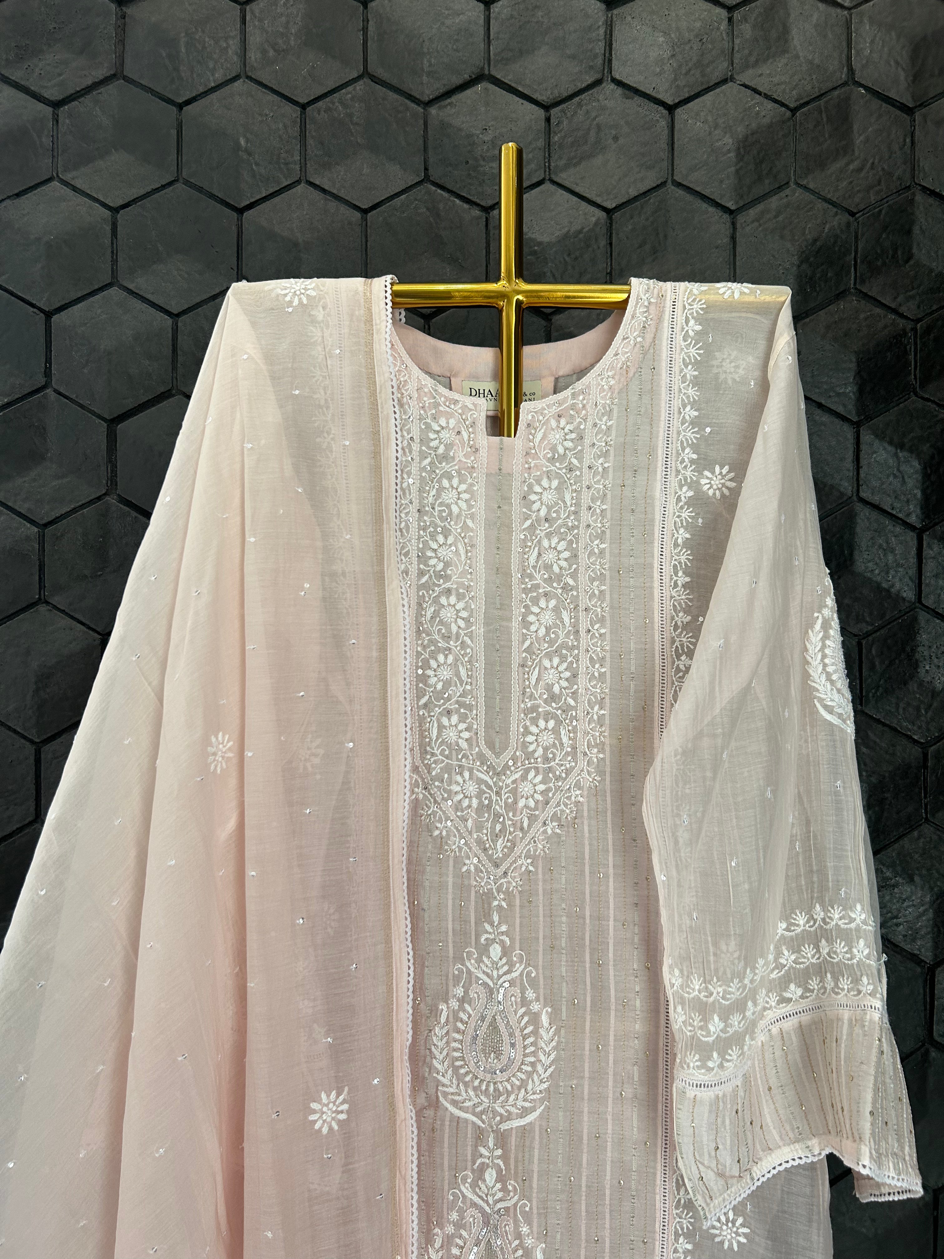 Pink Mul Chanderi Chikankari Kurta Set