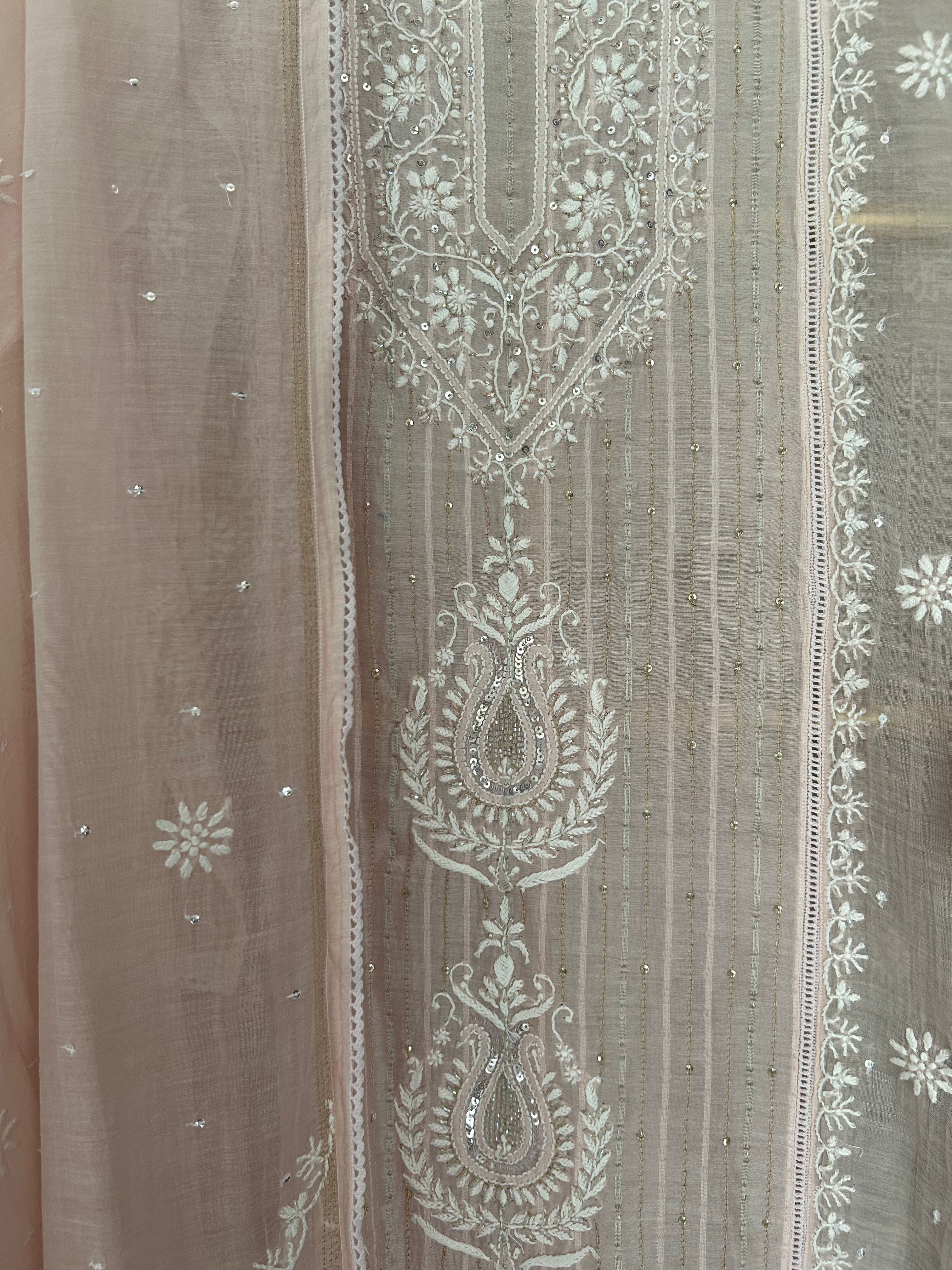 Pink Mul Chanderi Chikankari Kurta Set