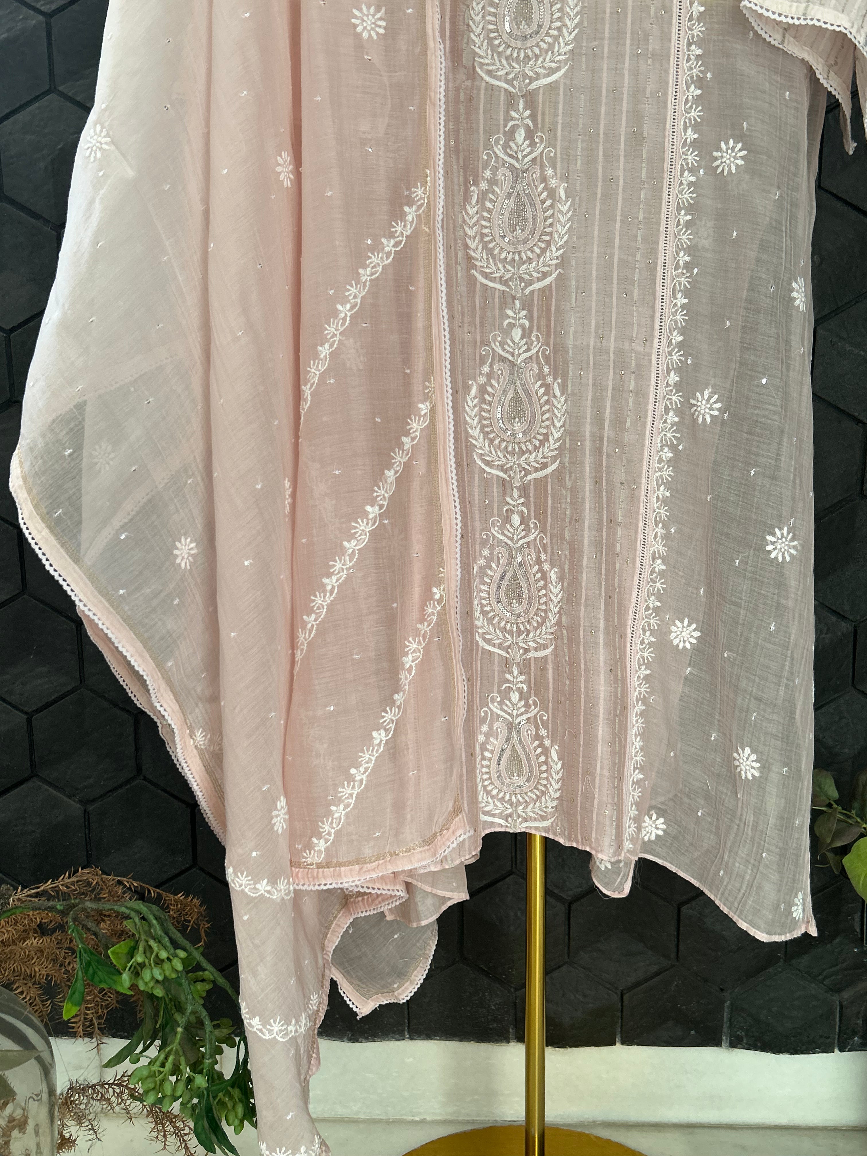 Pink Mul Chanderi Chikankari Kurta Set