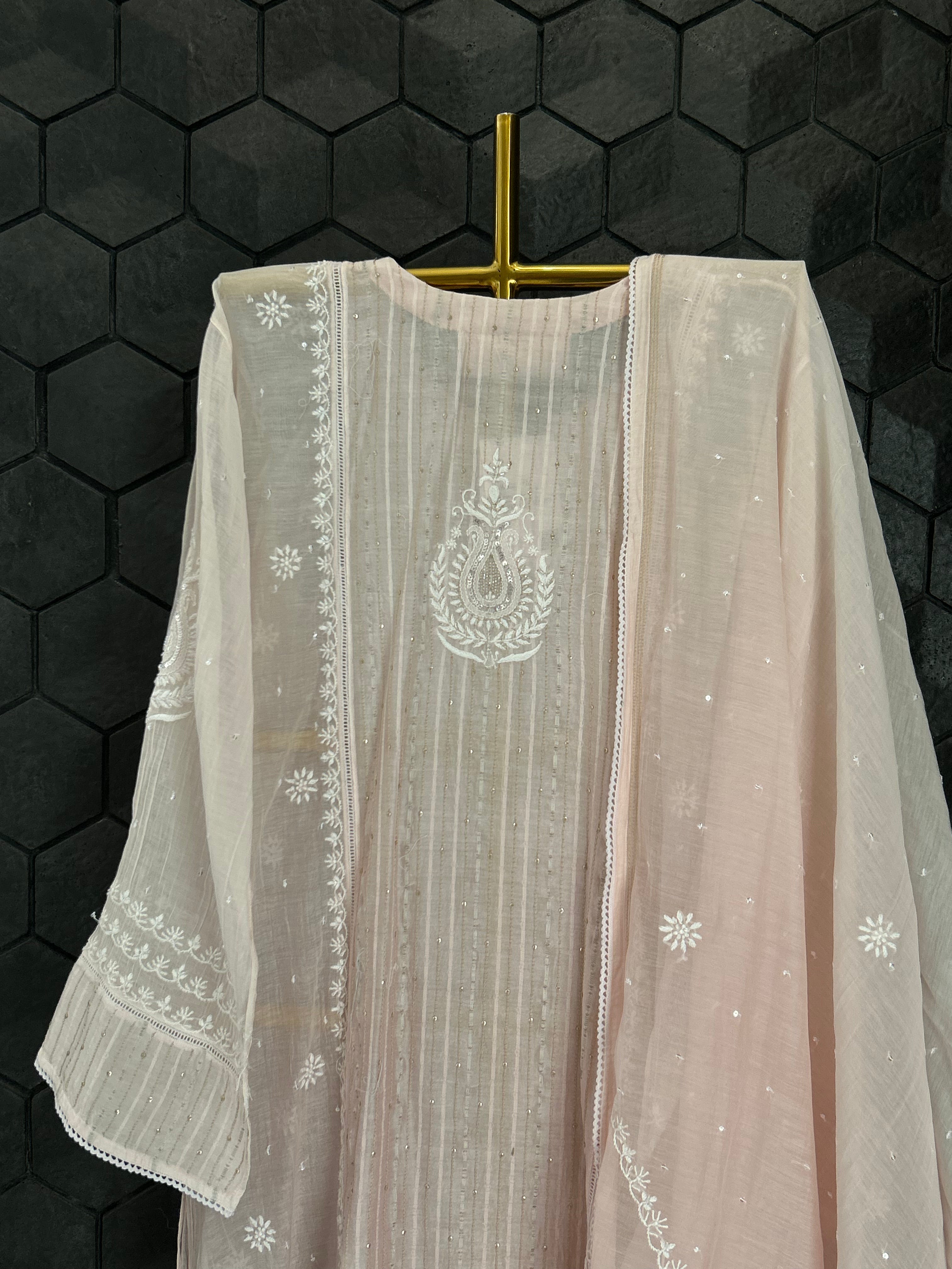 Pink Mul Chanderi Chikankari Kurta Set